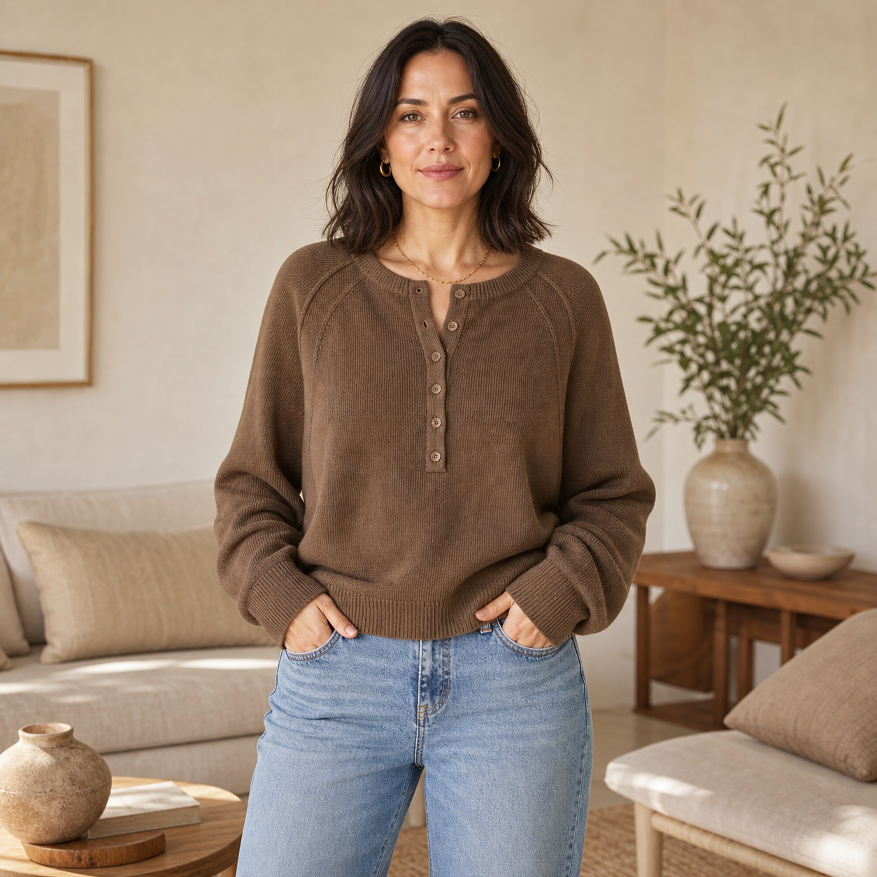 Women's Relaxed Henley Raglan Knit Sweater