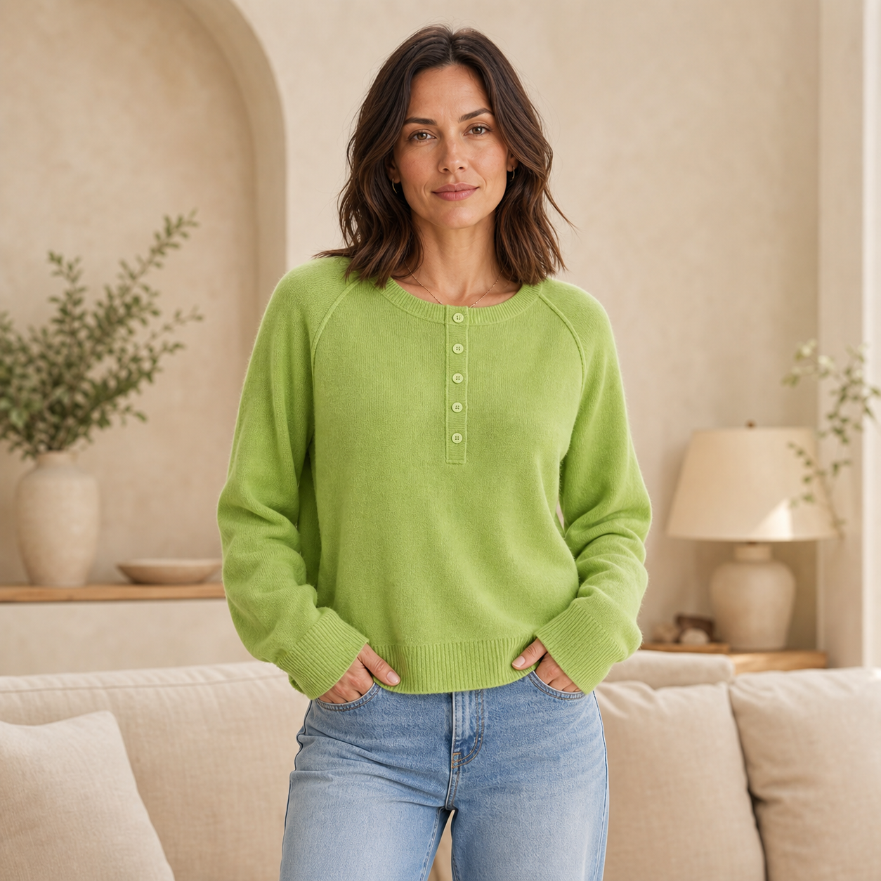 Women's Relaxed Henley Raglan Knit Sweater