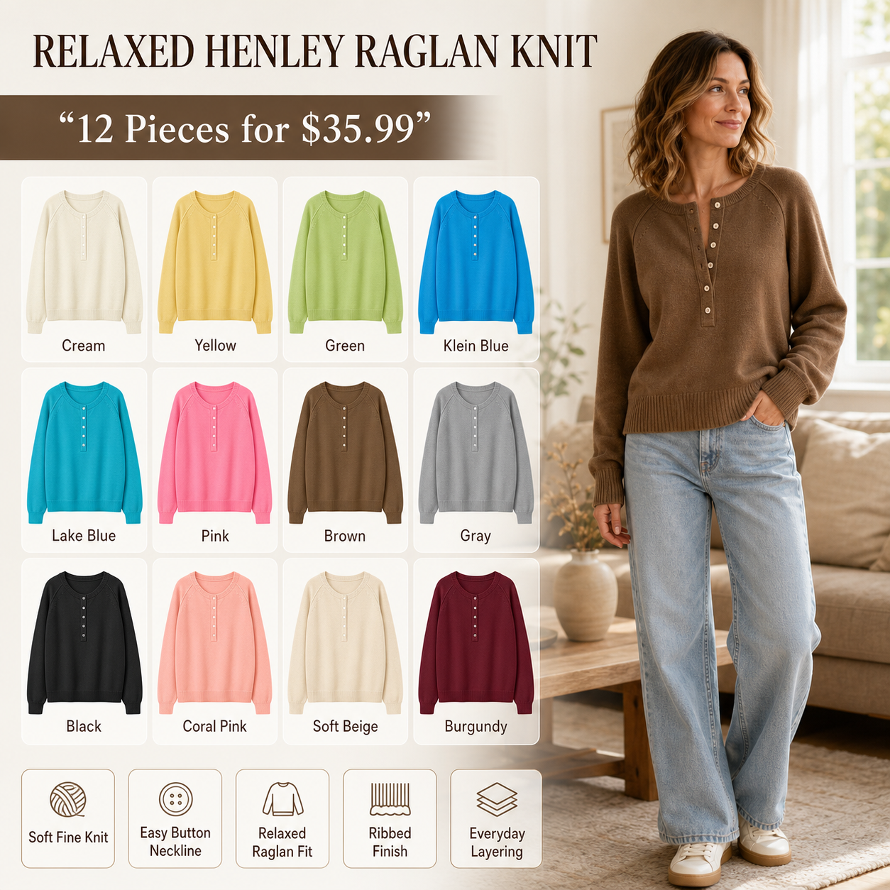 Women's Relaxed Henley Raglan Knit Sweater