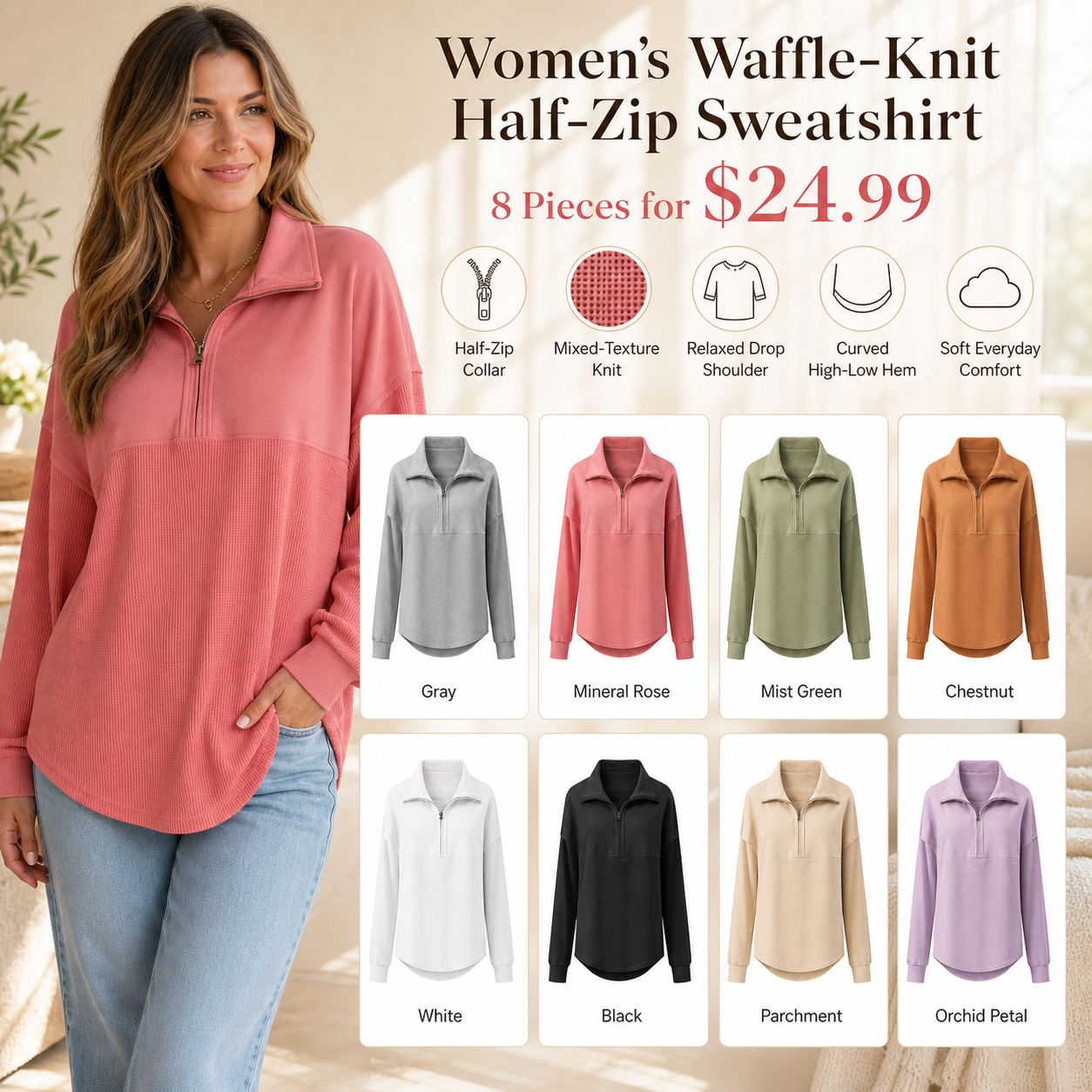 Women's Waffle-Knit Half-Zip Sweatshirt
