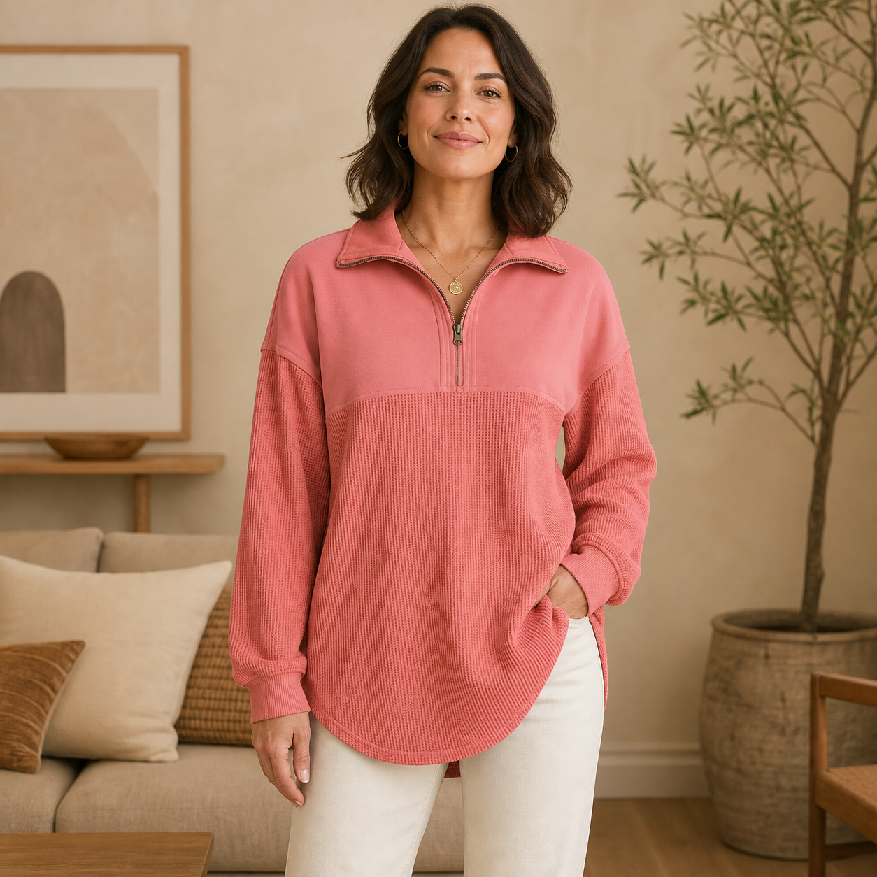 Women's Waffle-Knit Half-Zip Sweatshirt