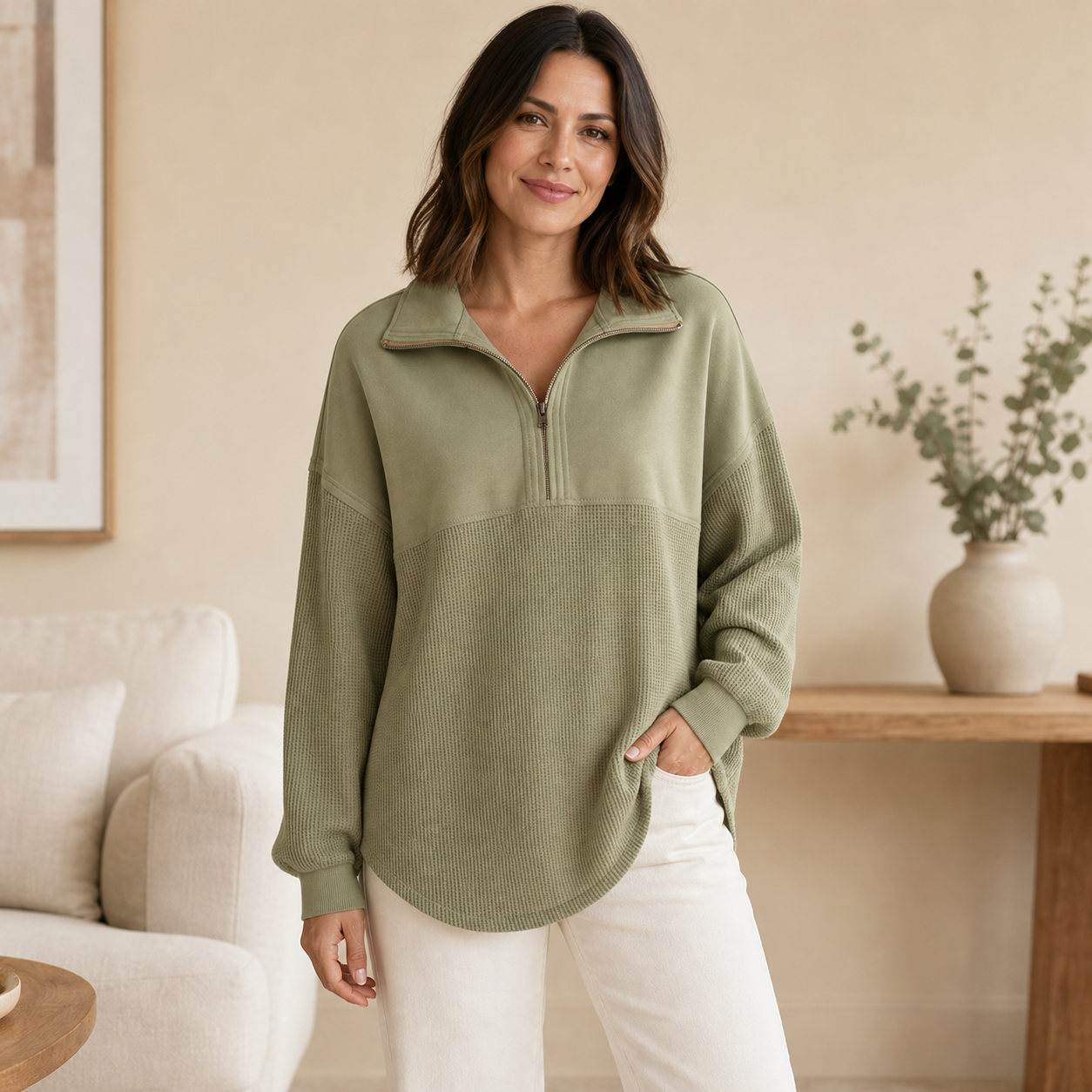 Women's Waffle-Knit Half-Zip Sweatshirt