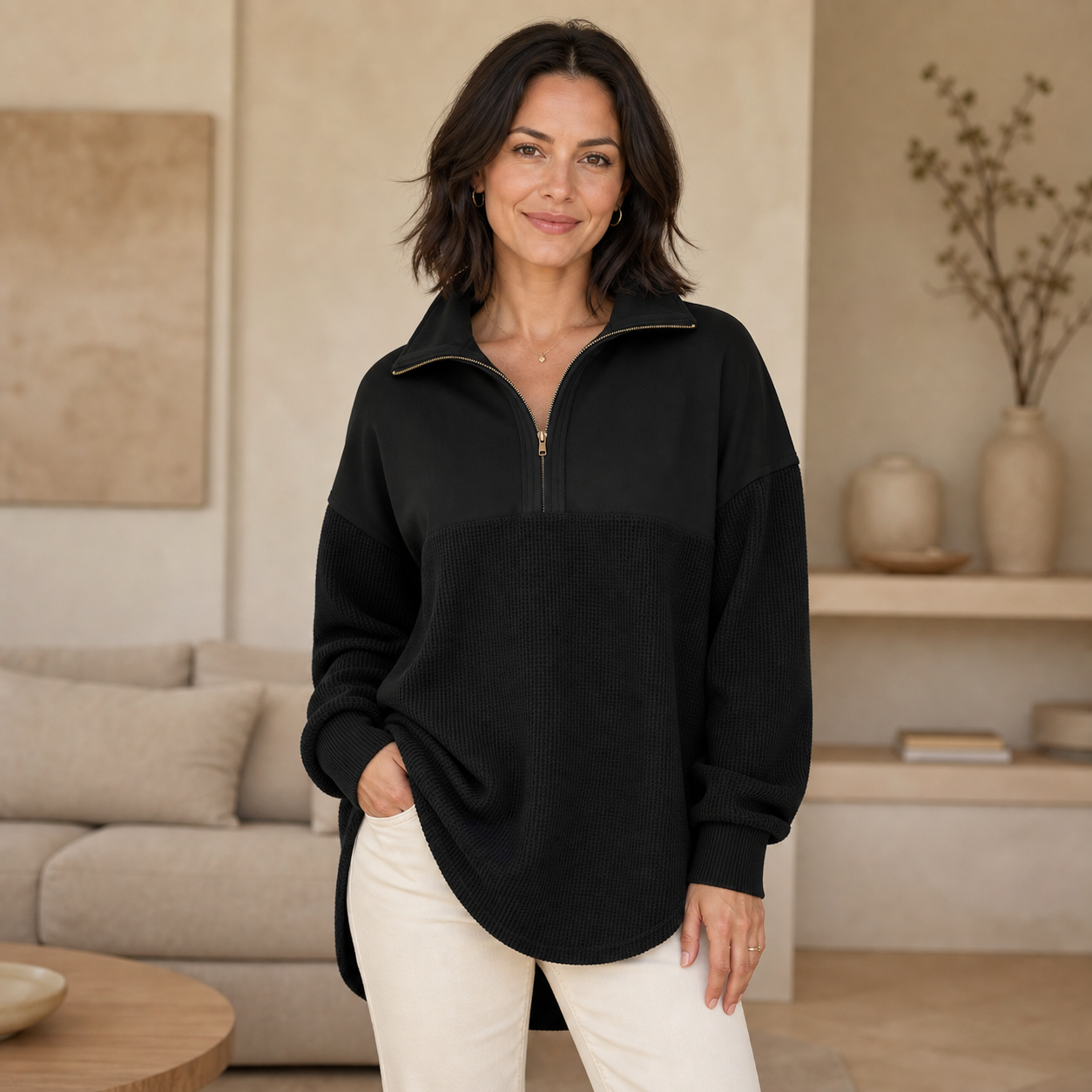 Women's Waffle-Knit Half-Zip Sweatshirt