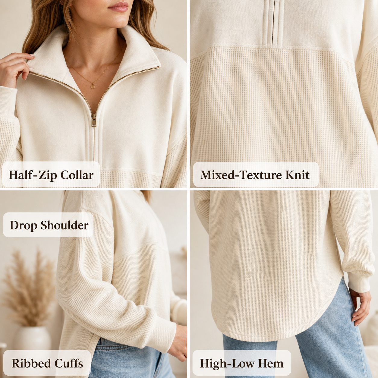 Women's Waffle-Knit Half-Zip Sweatshirt