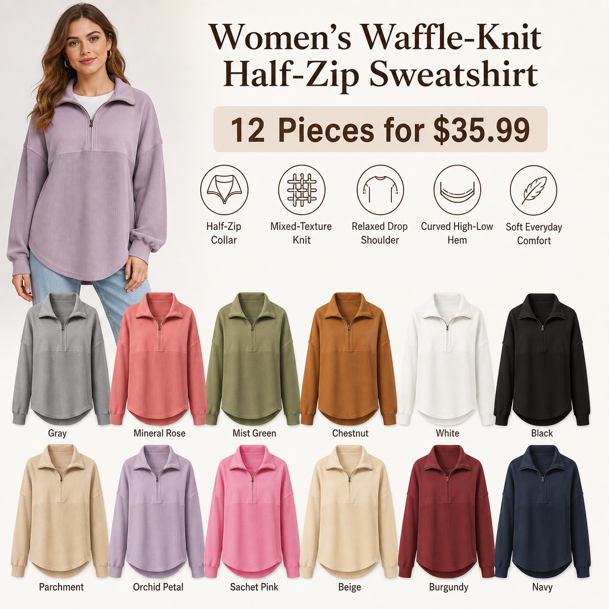 Women's Waffle-Knit Half-Zip Sweatshirt