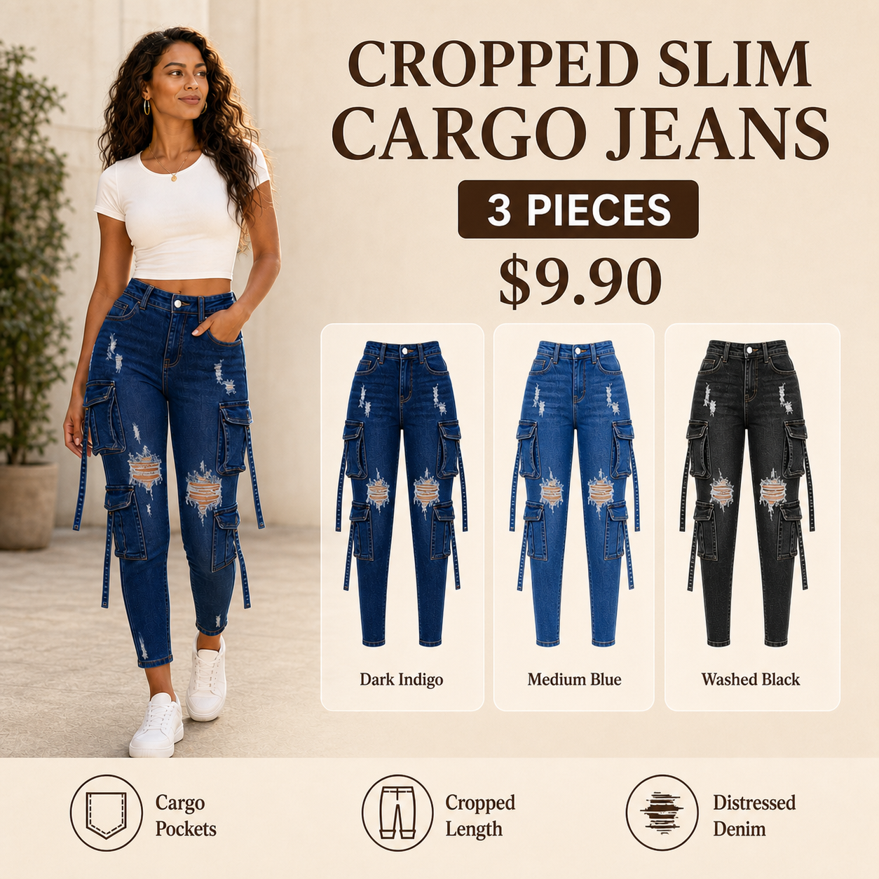 Women Cropped Slim Cargo Jeans