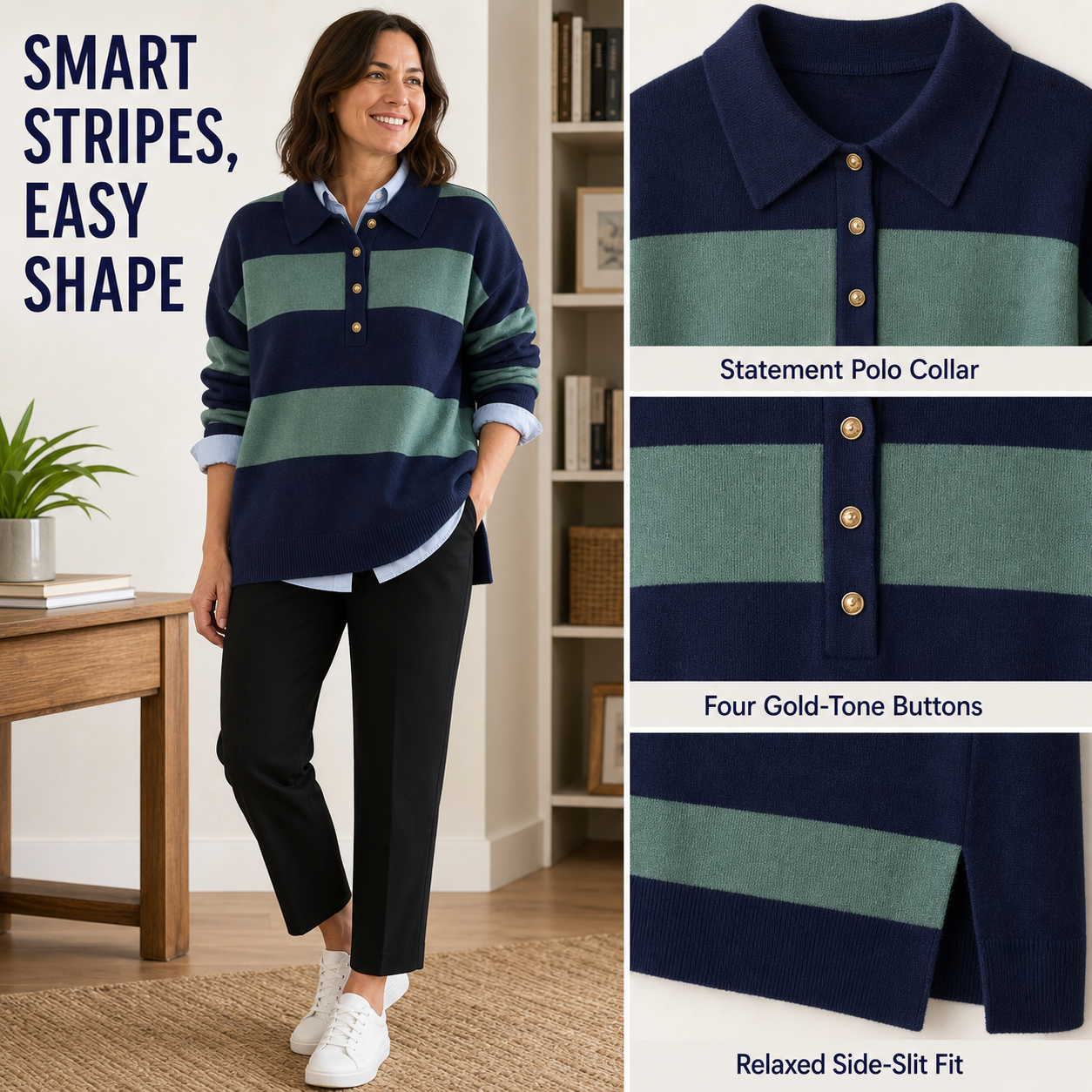 Polo Sweater for Women Striped Collared Sweaters Shirt