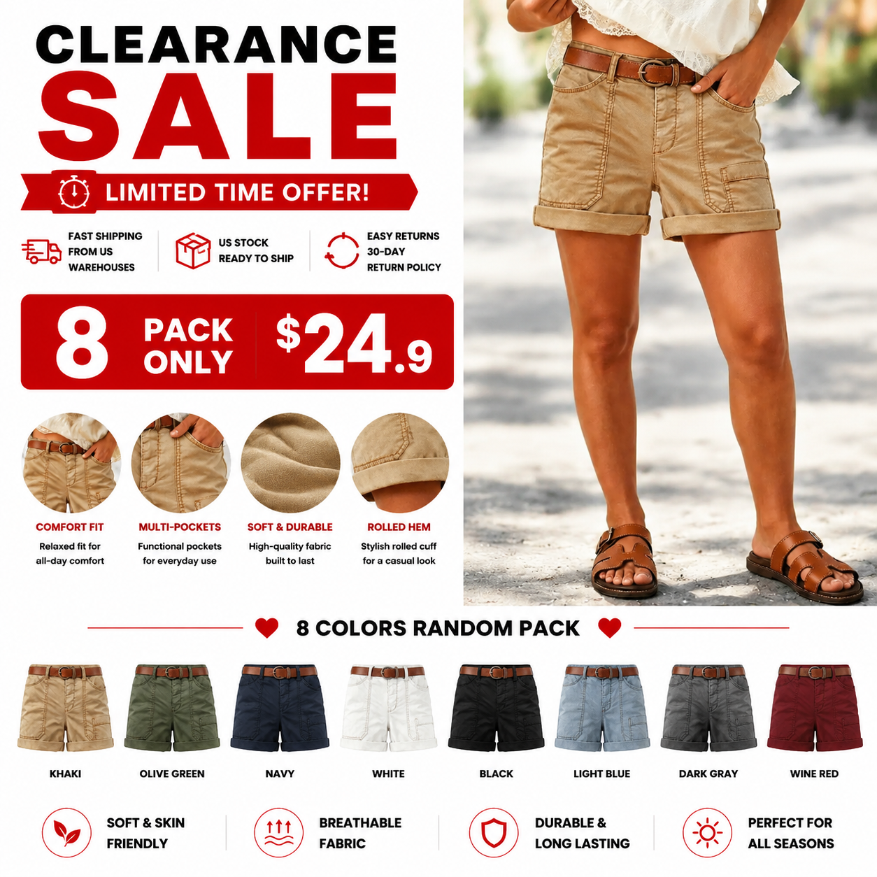 ⚡FINAL SALE⚡Roll Hem Stitch Detail Mid Waist Shorts Without Belt