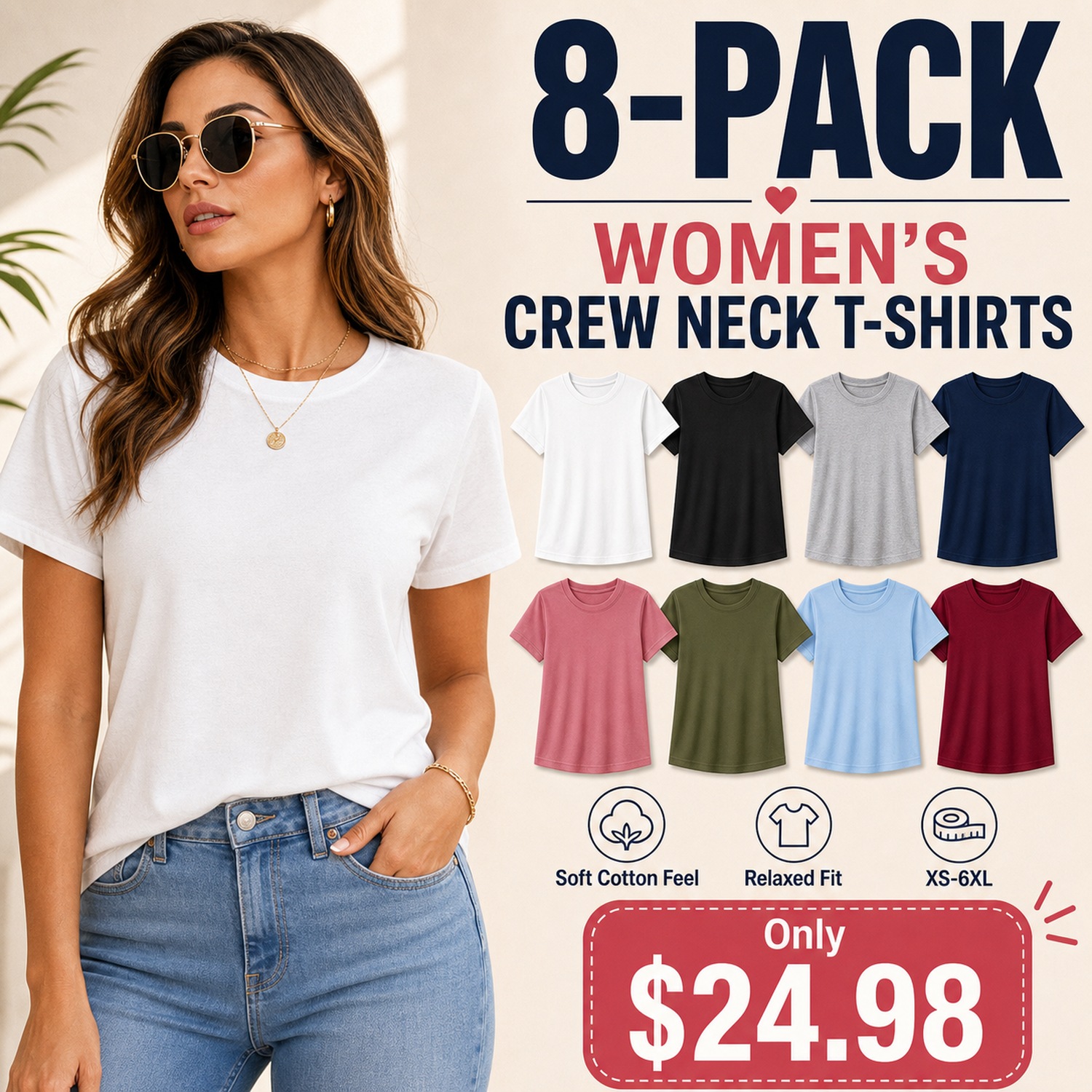 Women's Relaxed Crew Neck T-Shirts - 8 Pack