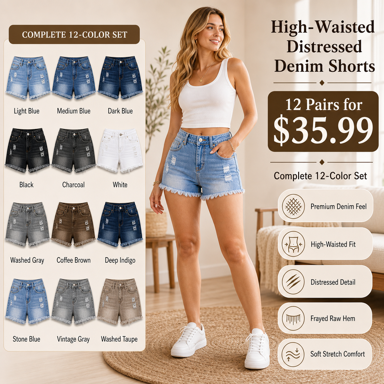 High-Waisted Distressed Denim Shorts