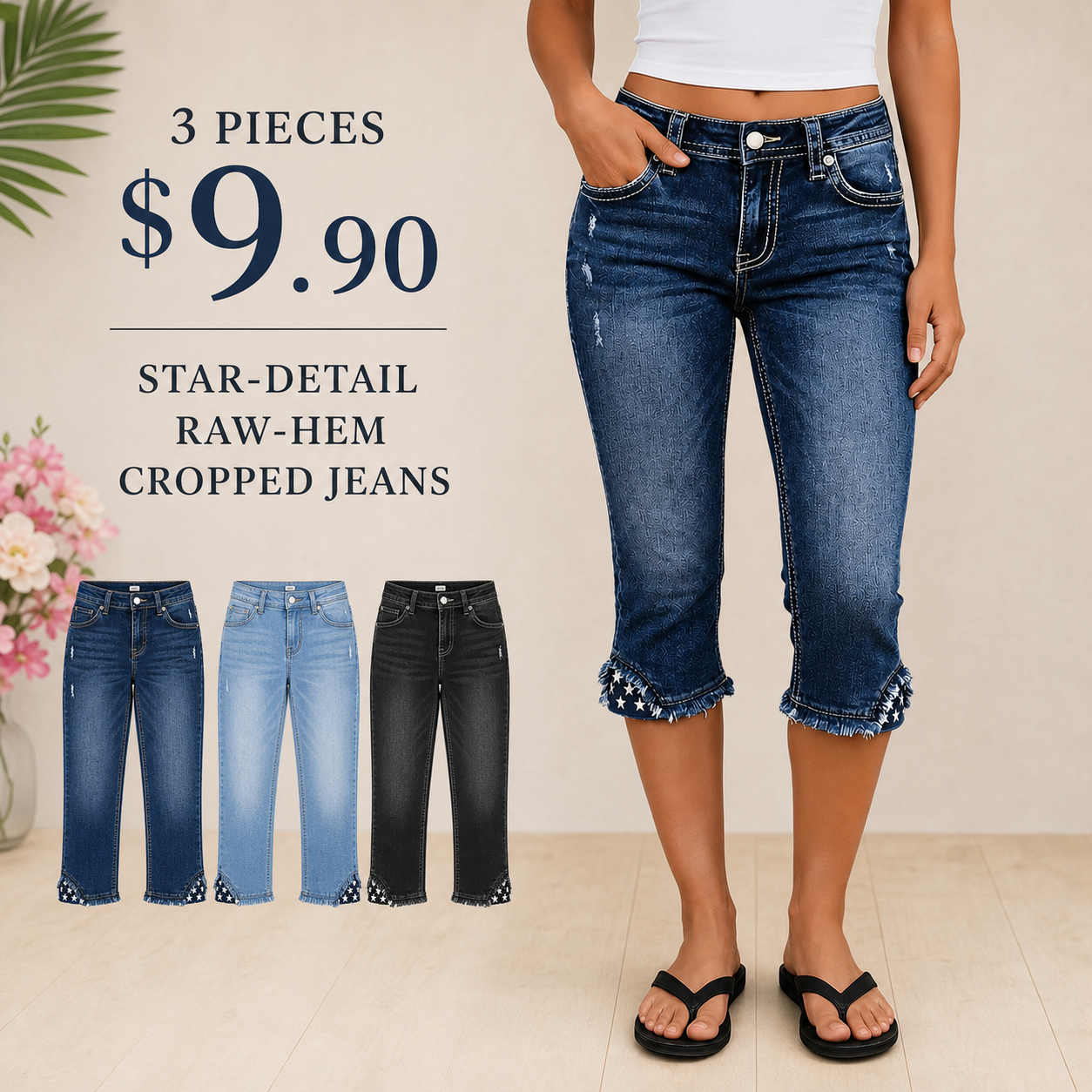 Striped & Star-Embroidered, Raw-Hem, Mid-Rise, Skinny Cropped Jeans
