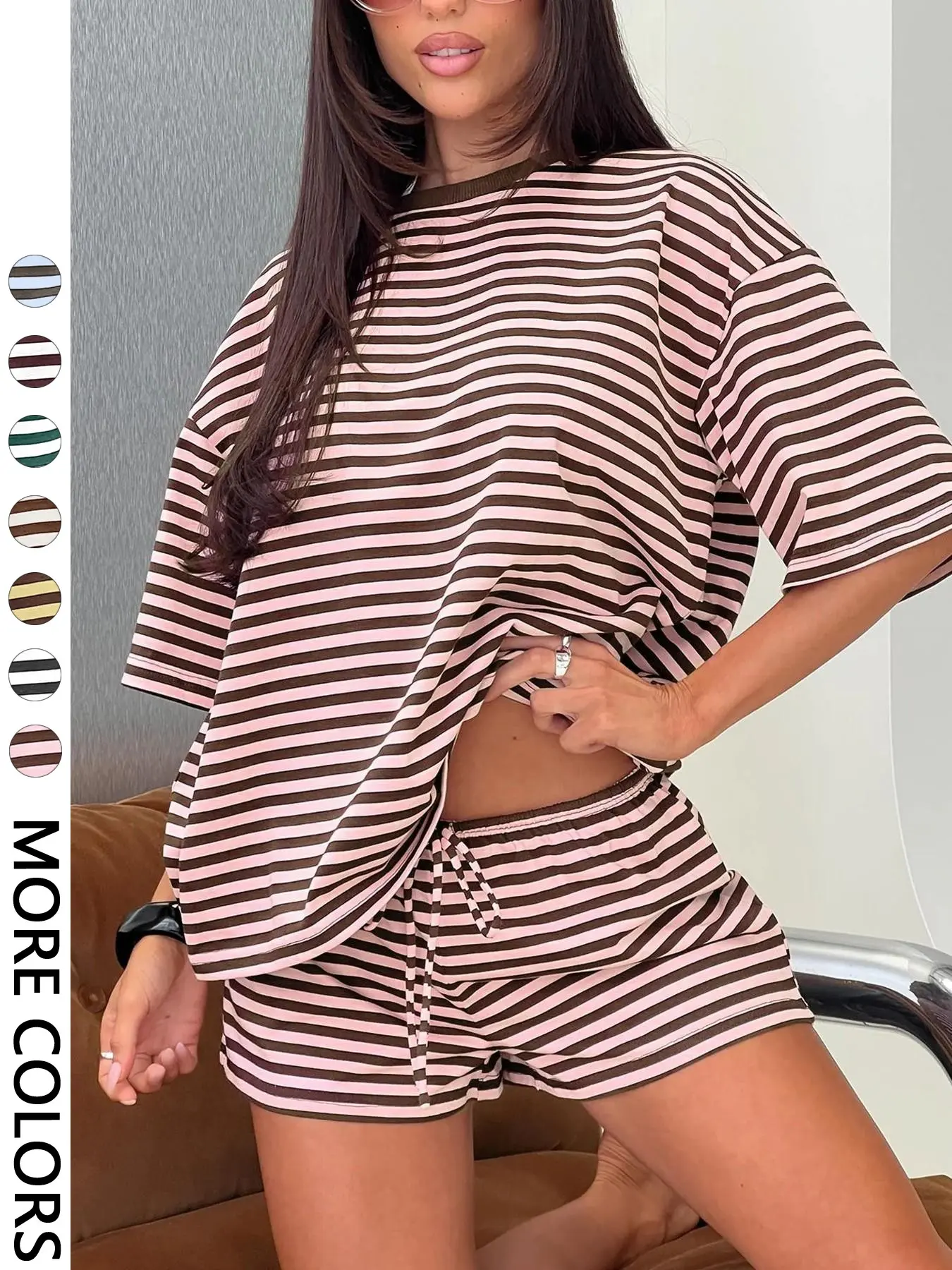 Stripe Print 2 Piece Outfit Women Clothes