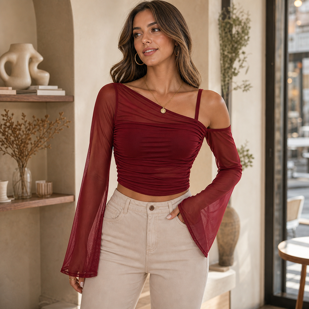 Asymmetrical Mesh Bell-Sleeve Top