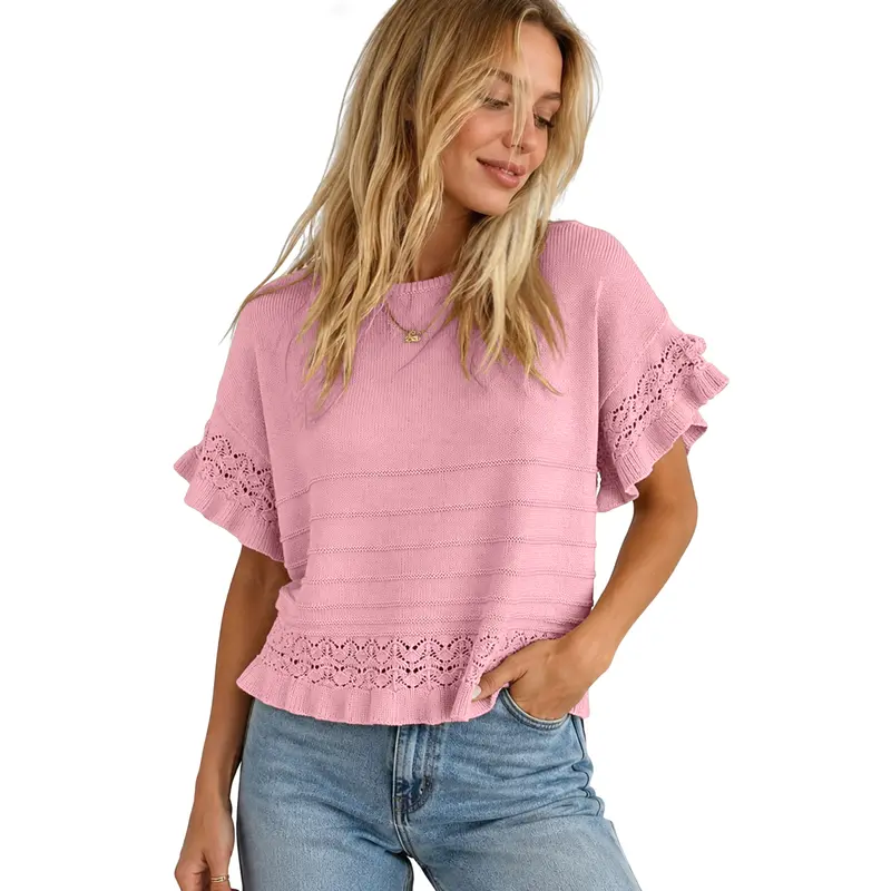 Women's Short-Sleeve Crew-Neck Ruffled Crochet Knit Pullover