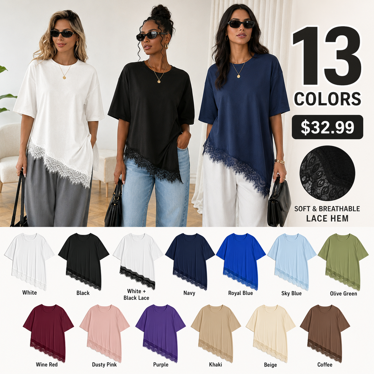 Women's Lightweight & Breathable Cotton Long T-Shirt with Lace Hem