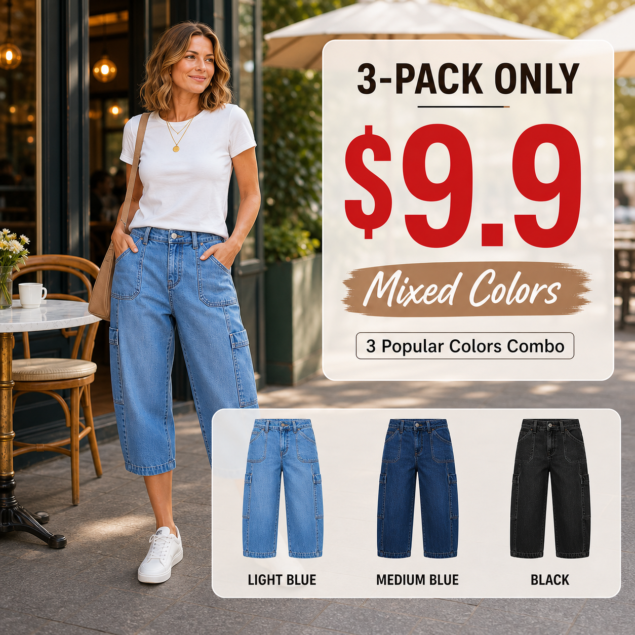 🔥Wash Pocket Side Mid Waist Barrel Leg Capri Jeans Without Belt