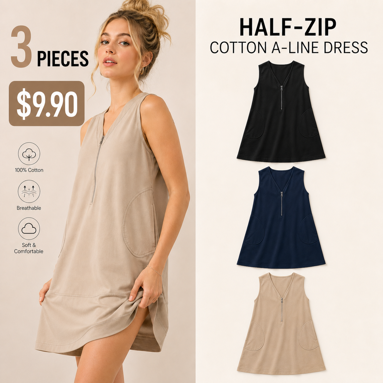 Comfortable Women's Half-Zip, Pure Cotton, A-Line Mini Dress