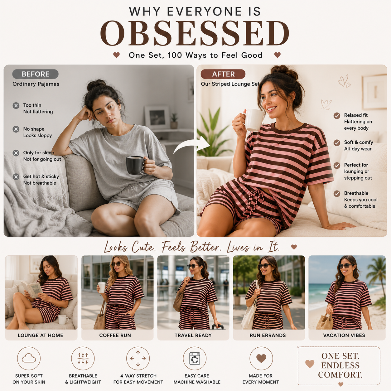 Stripe Print 2 Piece Outfit Women Clothes