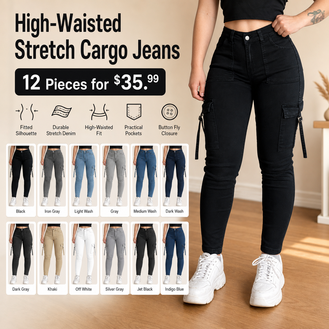 High Waist Slim Cargo Jeans