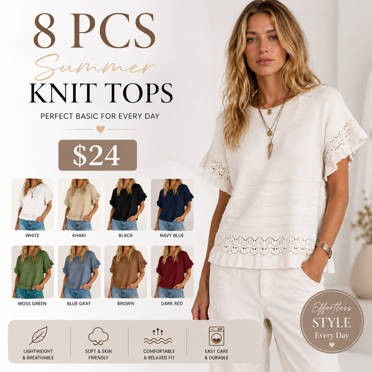Women's Short-Sleeve Crew-Neck Ruffled Crochet Knit Pullover