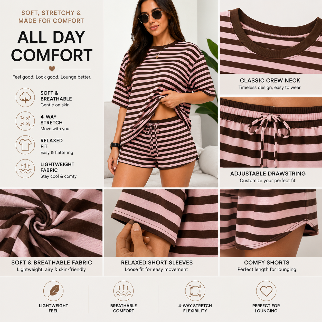 Stripe Print 2 Piece Outfit Women Clothes