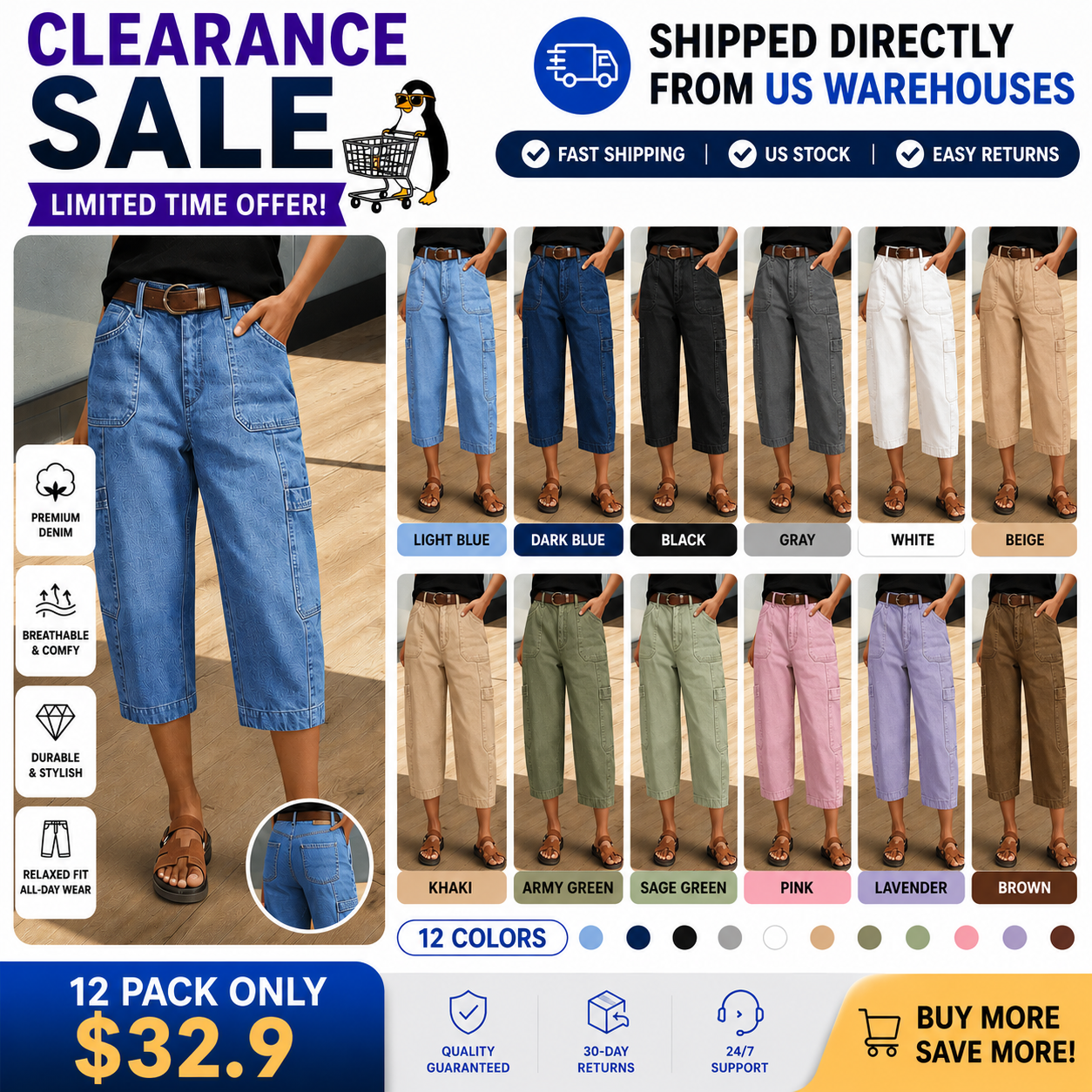 🔥Wash Pocket Side Mid Waist Barrel Leg Capri Jeans Without Belt