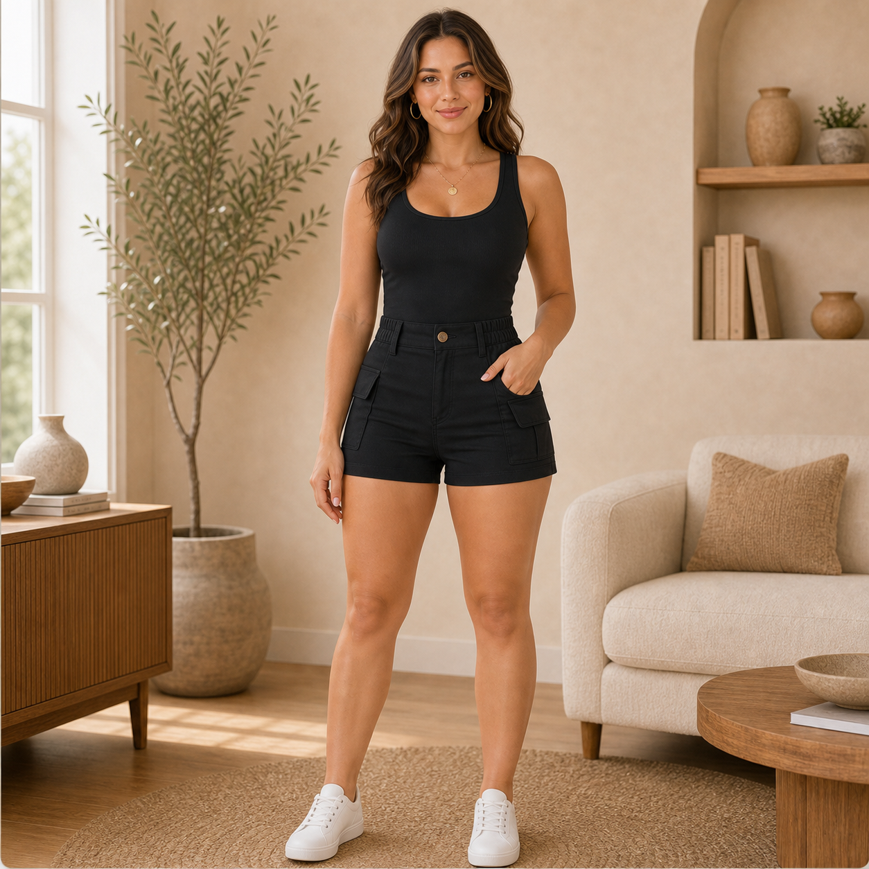 High Waist Stretch Cargo Shorts