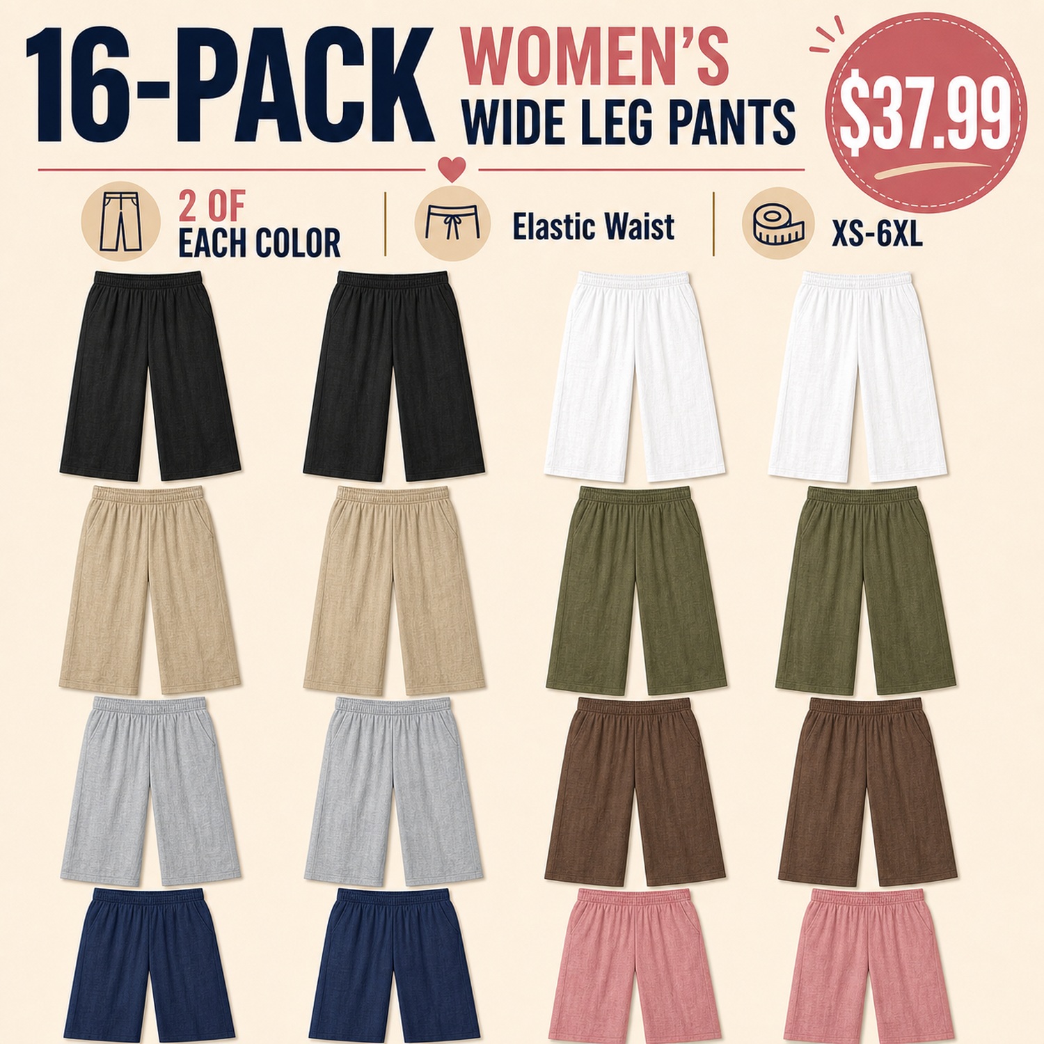 Women's Linen-Blend Wide Leg Pants - 8 Pack