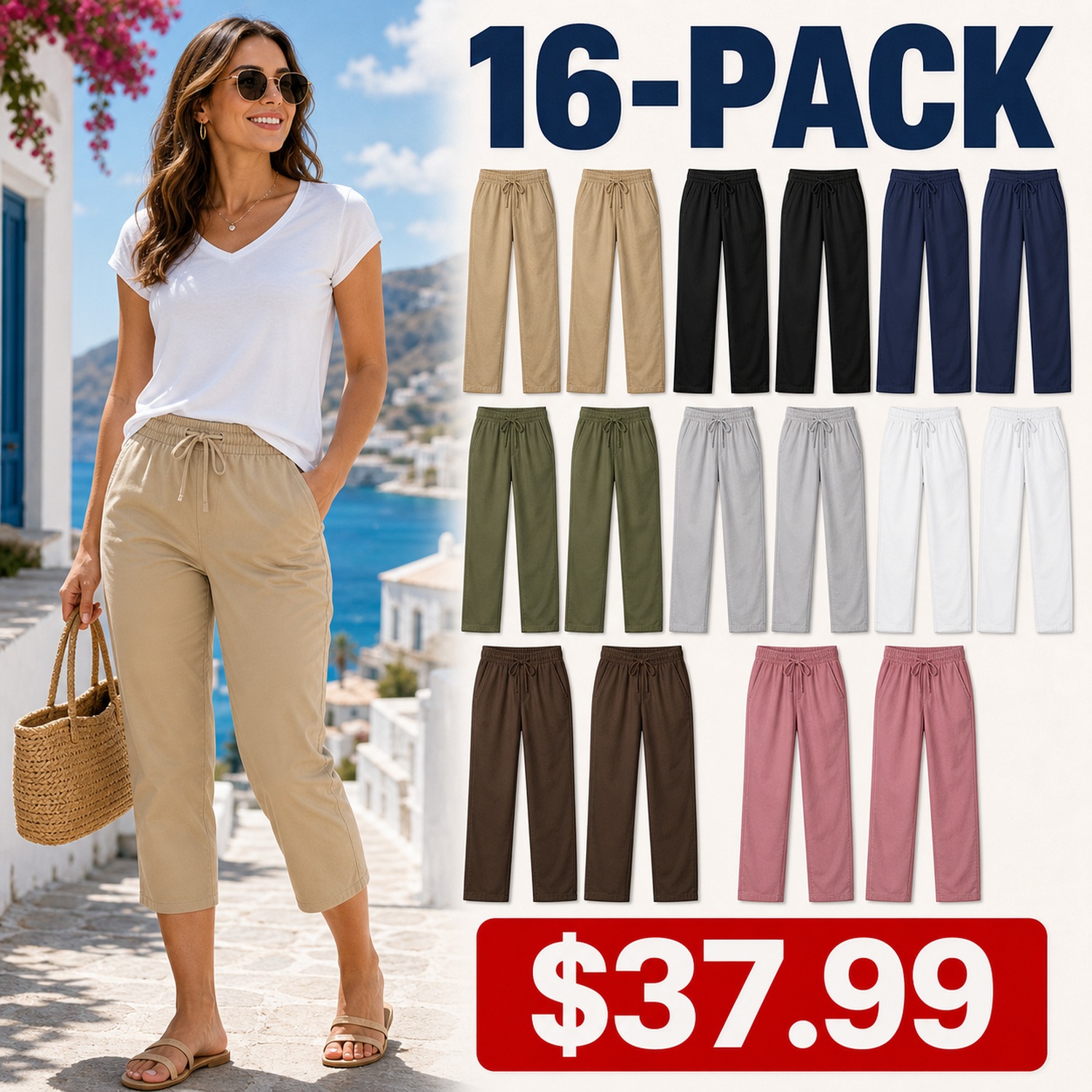 Women's Drawstring Poplin Utility Pants - 8 Pack