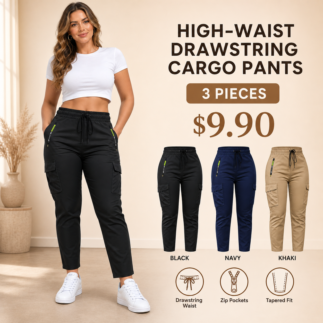 Women’s High Waist Drawstring Cargo Pants