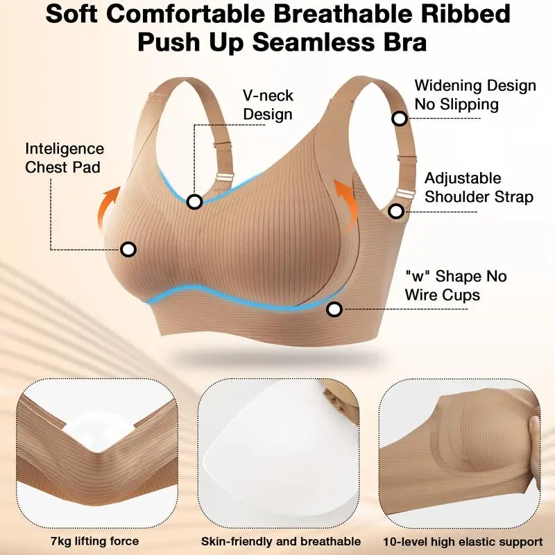 Women's Solid Wireless Bra, ComfortableBreathable Push Up Bra