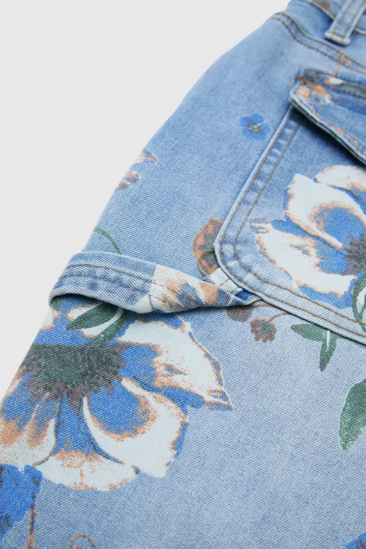 🔥 Wash Floral Print Flap Pocket Mid Rise Barrel Leg Jeans