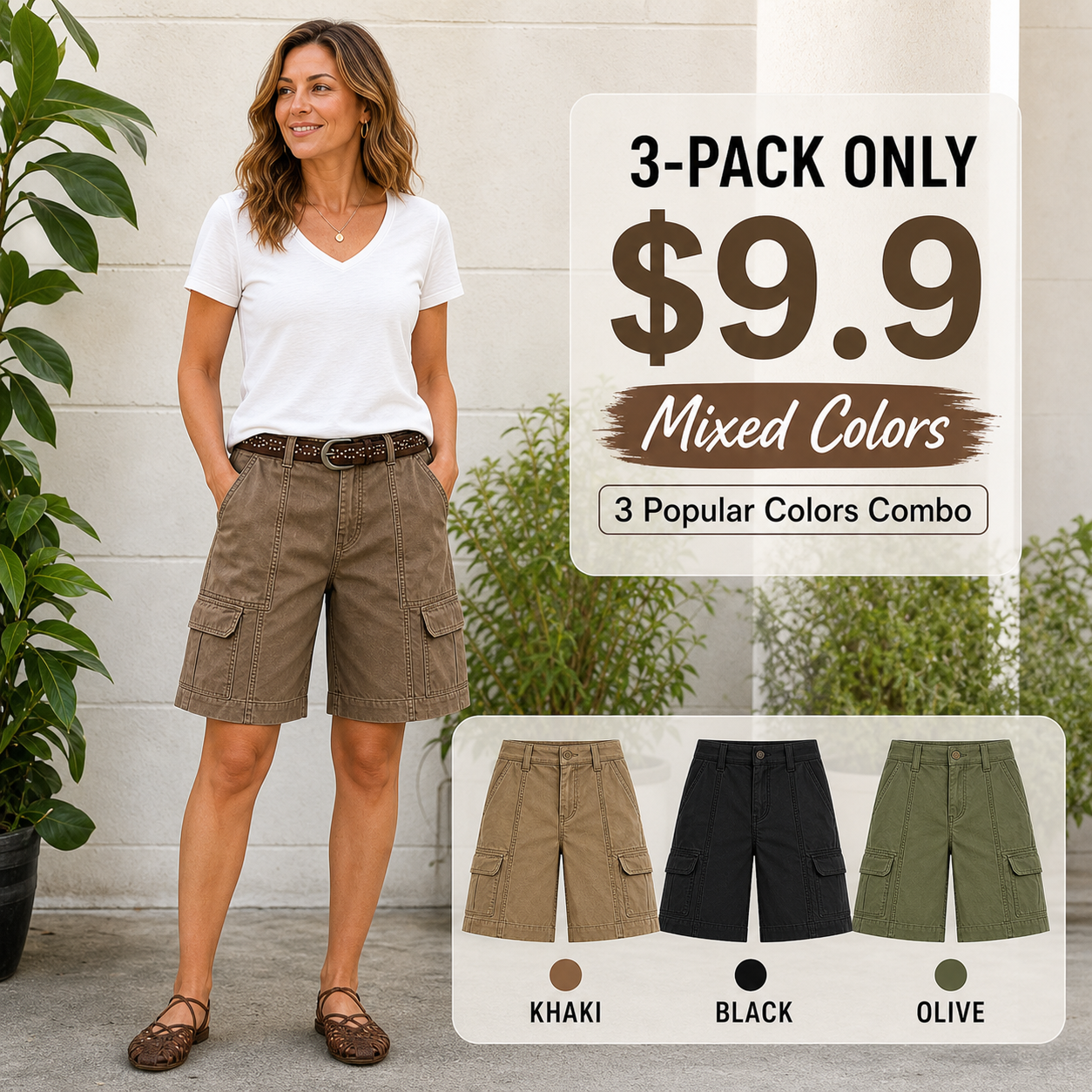 ⚡FINAL SALE⚡Solid Seam Detail Flap Pocket Roll Hem Mid Rise Bermuda Shorts Without Belt