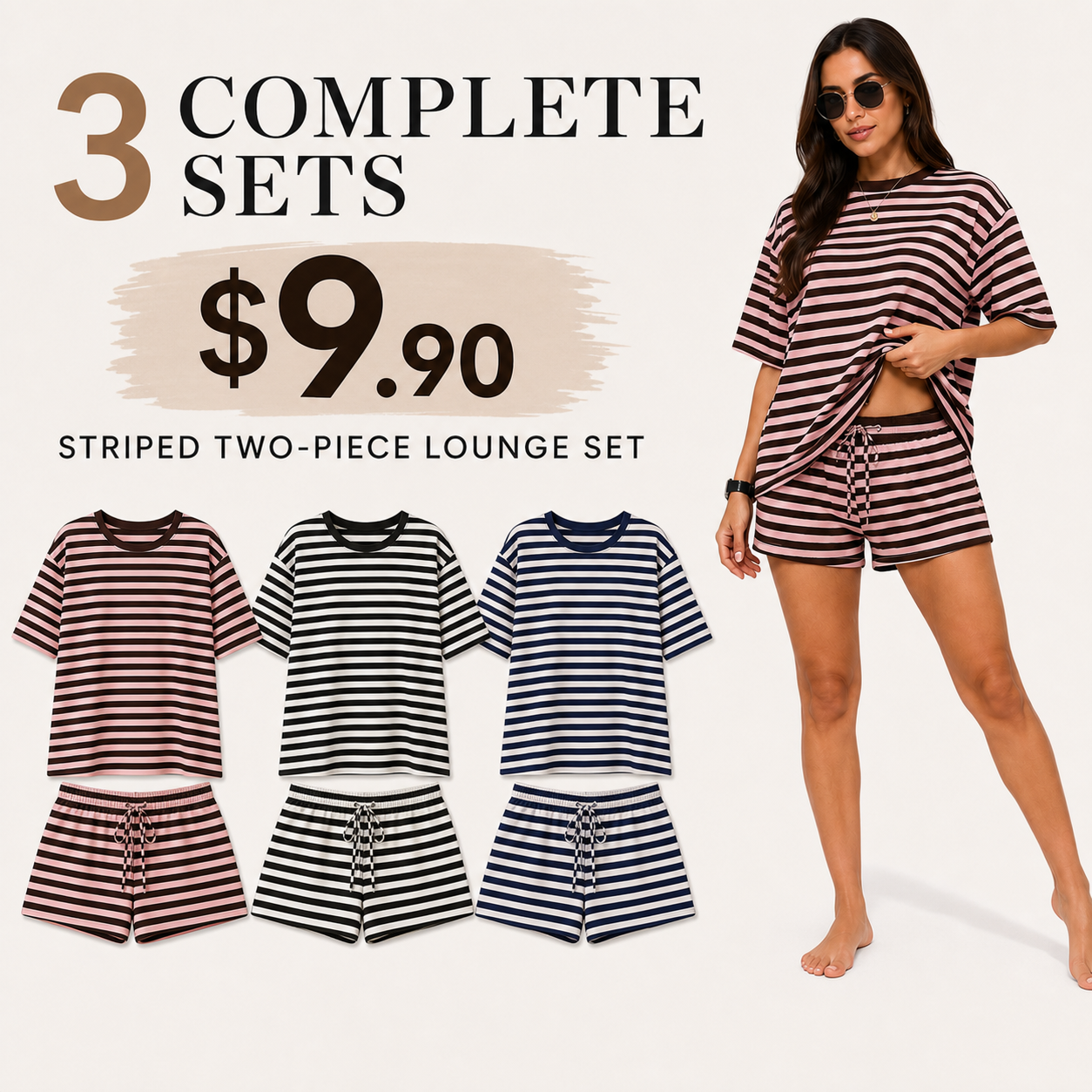 Stripe Print 2 Piece Outfit Women Clothes