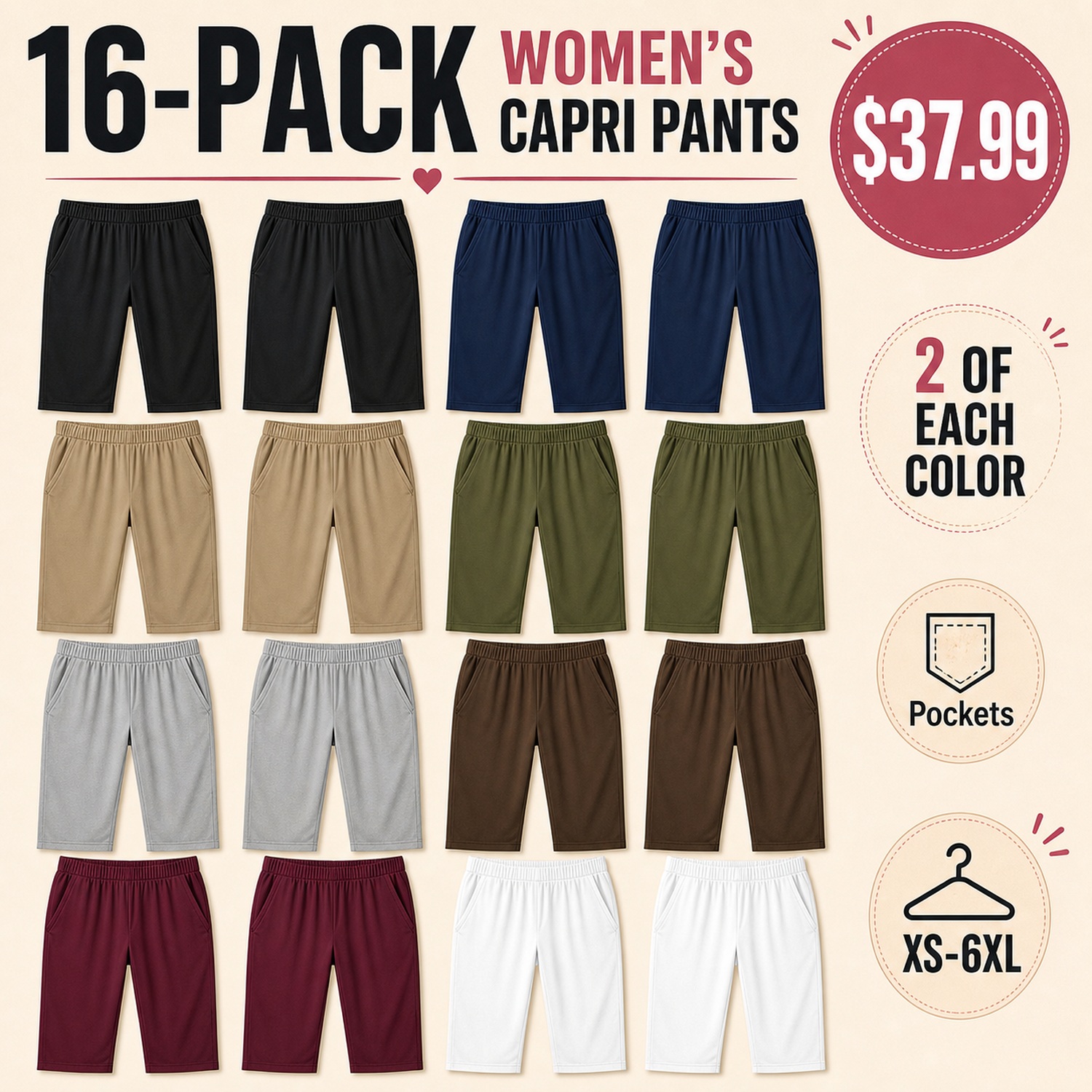 Women's Cropped Capri Travel Pants - 8 Pack