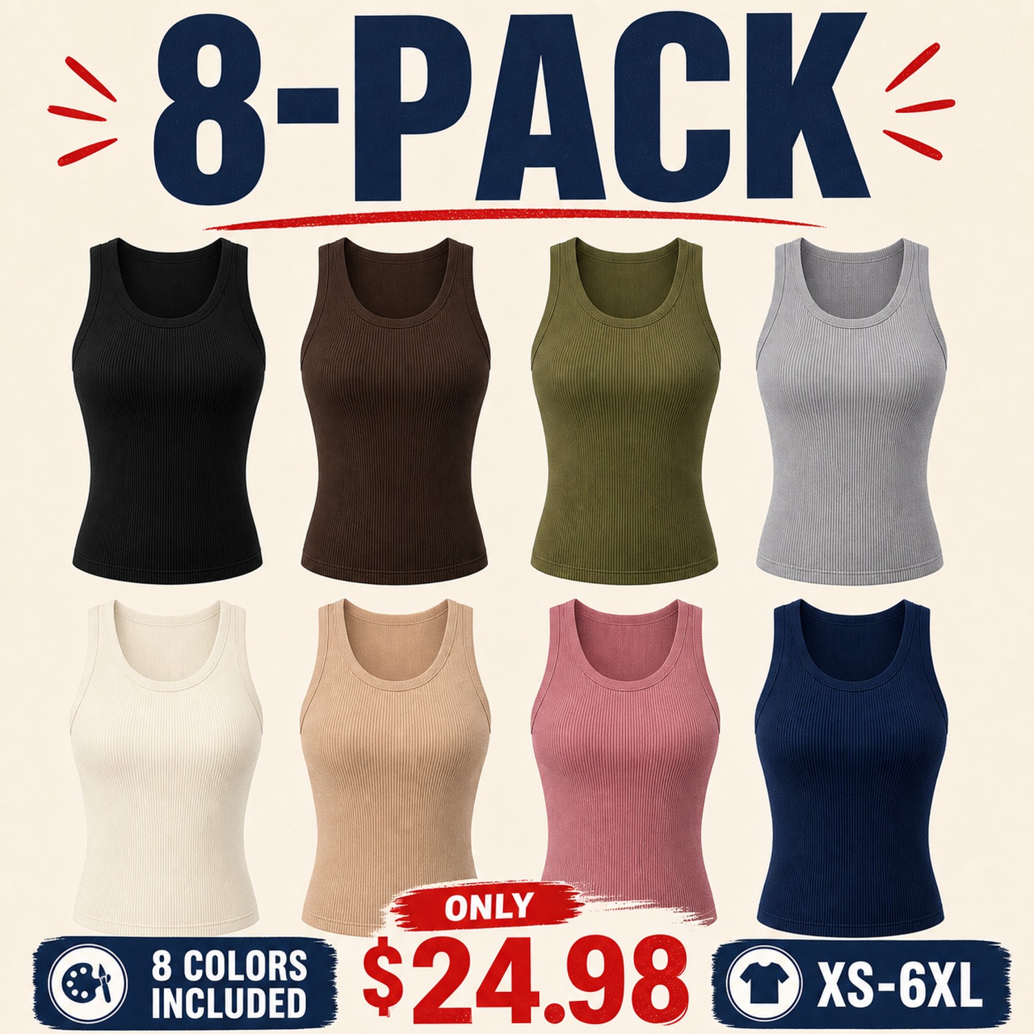 Women's Essential Ribbed Tank Tops - 8 Pack