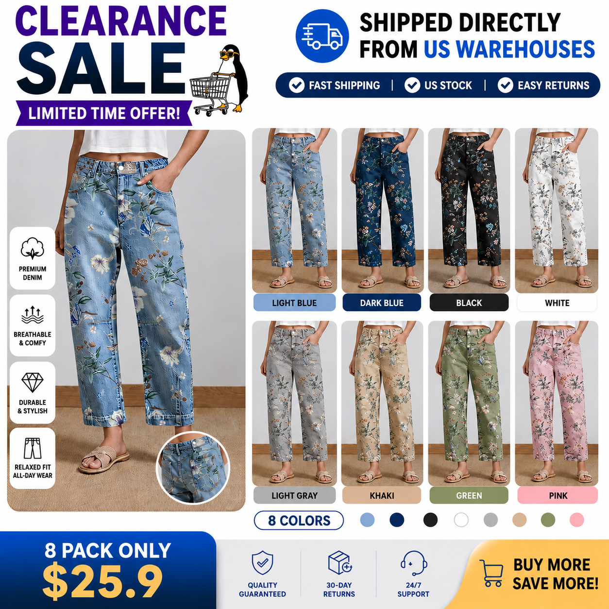 🔥 Wash Floral Print Flap Pocket Mid Rise Barrel Leg Jeans
