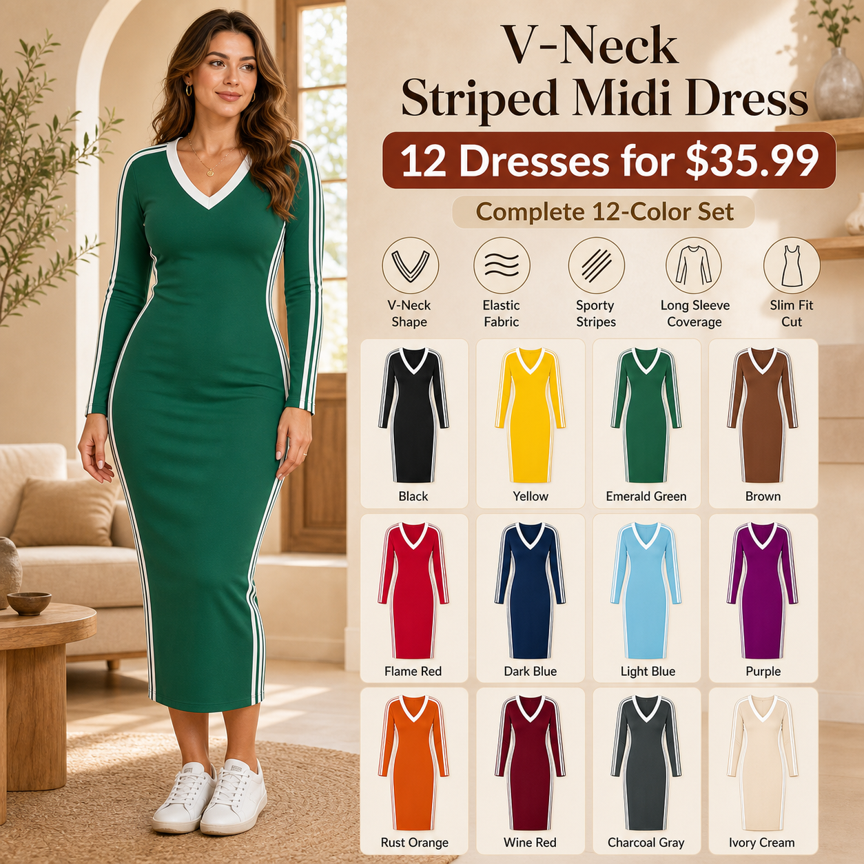 V-Neck Striped Midi Dress