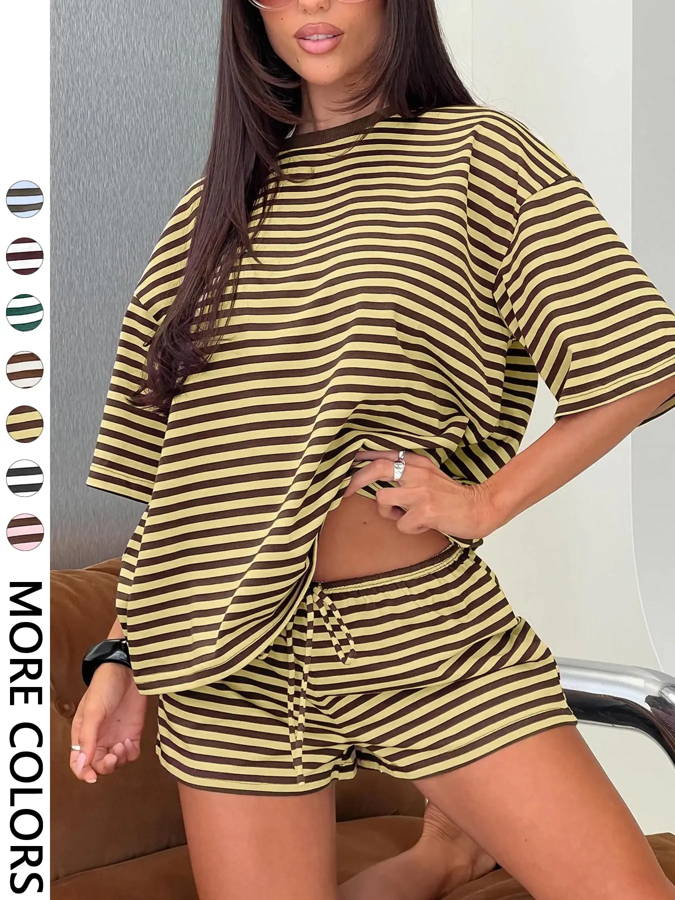 Stripe Print 2 Piece Outfit Women Clothes