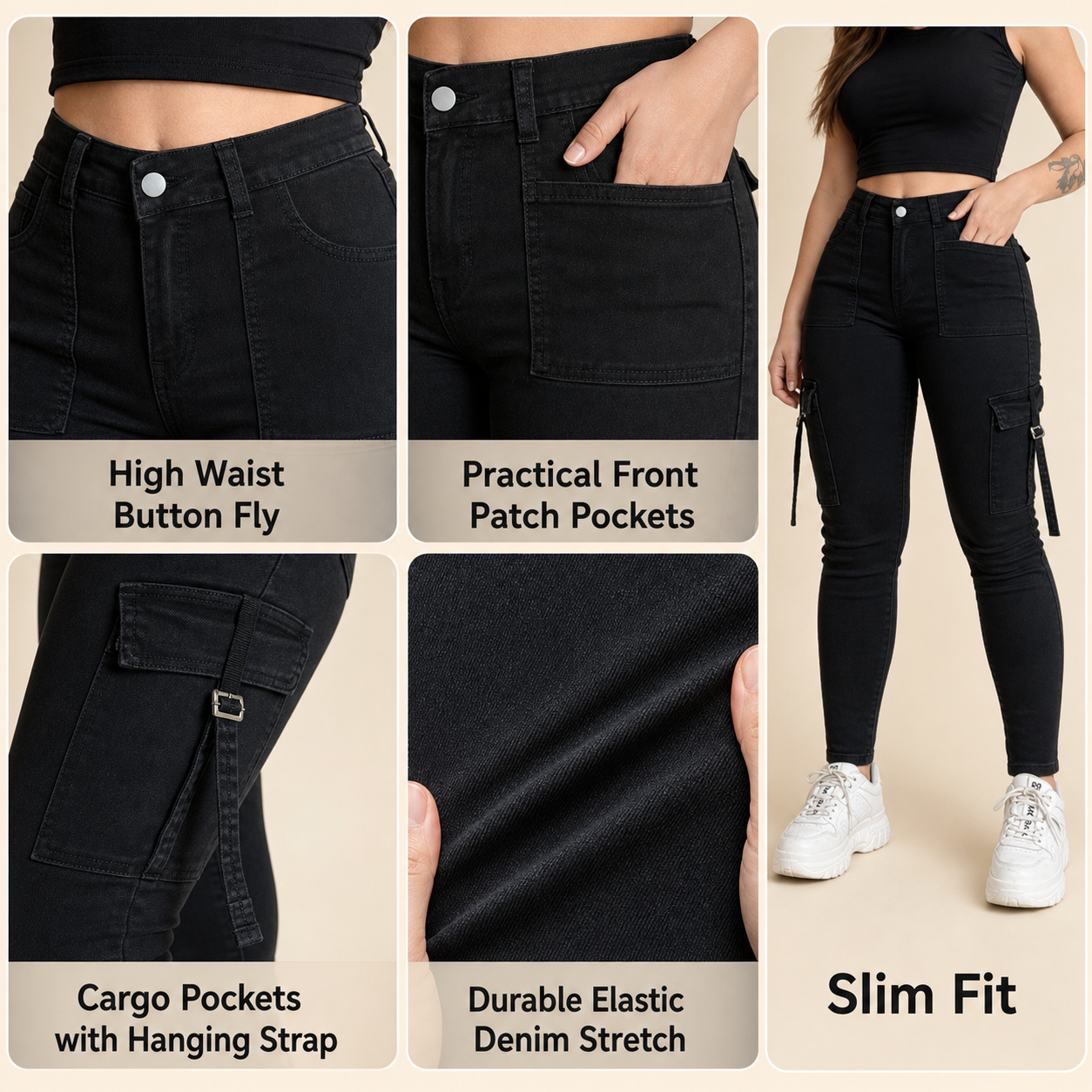 High Waist Slim Cargo Jeans