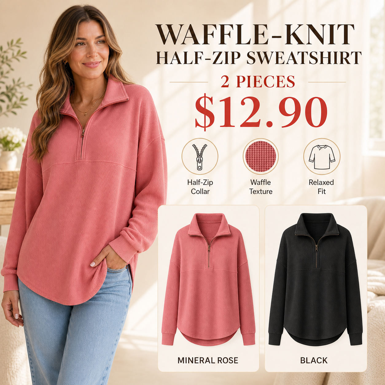 Women's Waffle-Knit Half-Zip Sweatshirt
