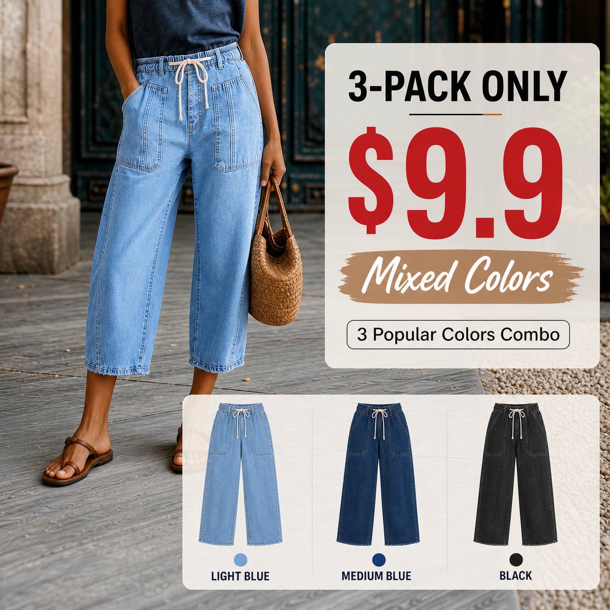 ⚡FINAL SALE⚡8-Pack Raw Hem Drawstring Mid Waist Barrel Leg Capri Jeans