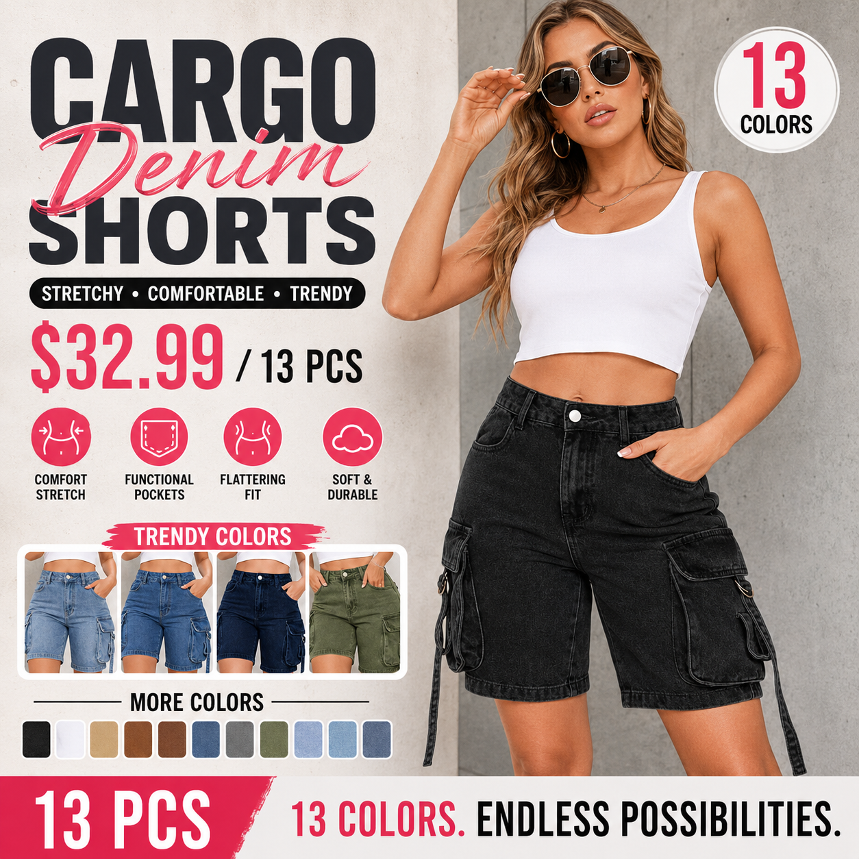Women's Washed Denim Cargo Pocket Shorts