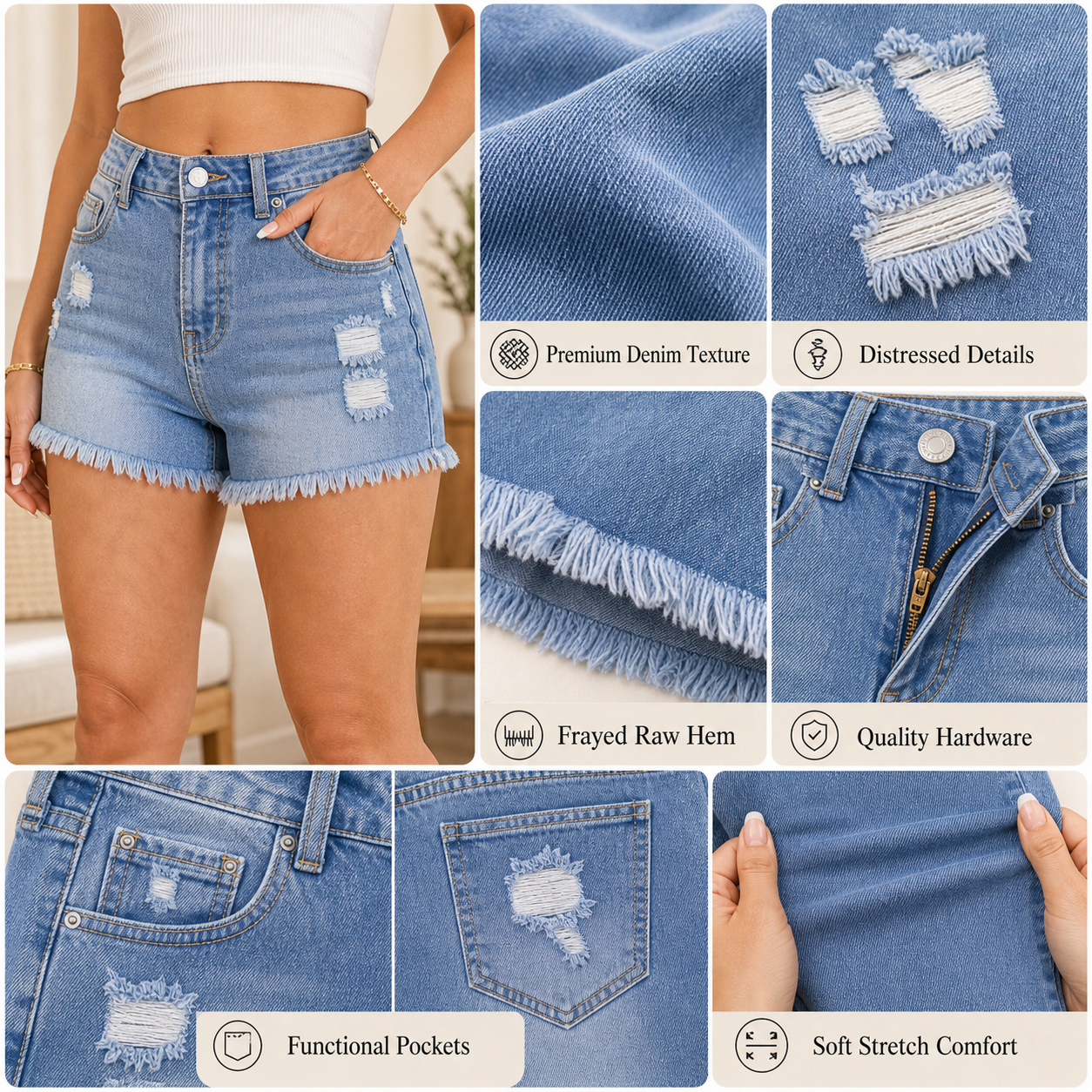 High-Waisted Distressed Denim Shorts