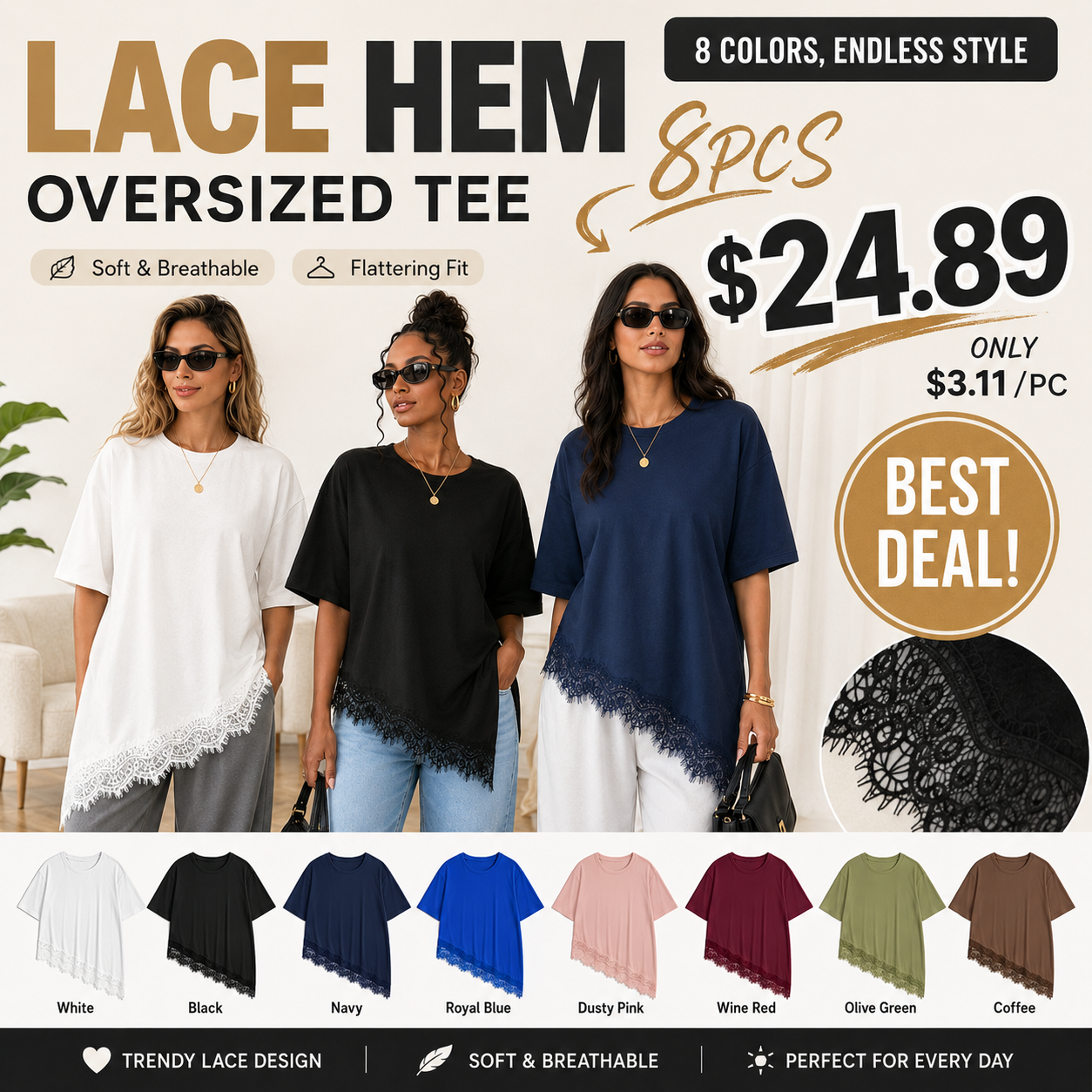 Women's Lightweight & Breathable Cotton Long T-Shirt with Lace Hem