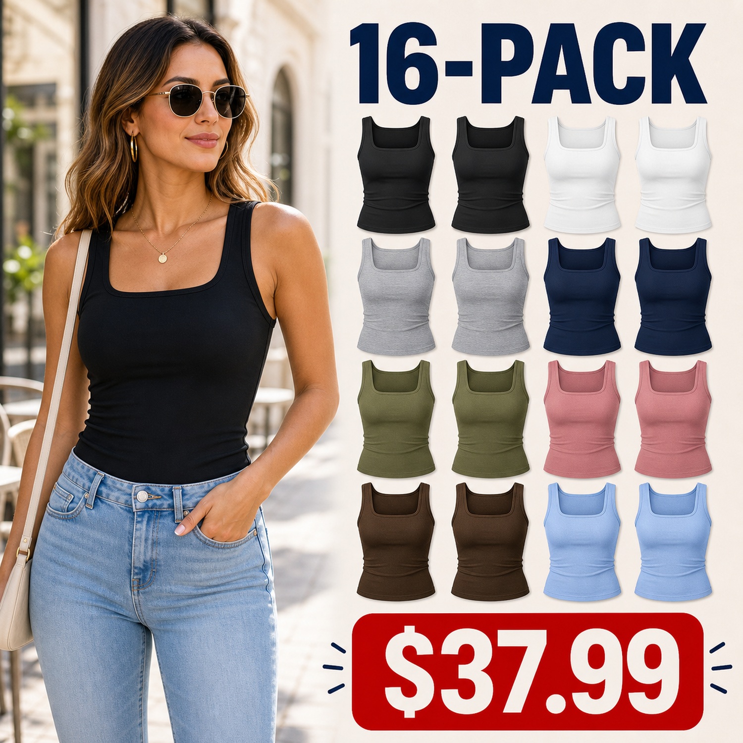 Women's Square Neck Double-Layer Tanks - 8 Pack