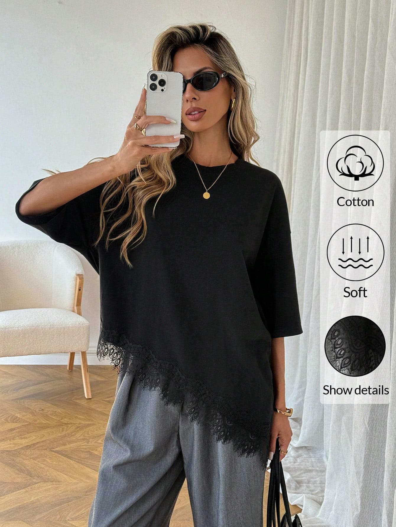Women's Lightweight & Breathable Cotton Long T-Shirt with Lace Hem