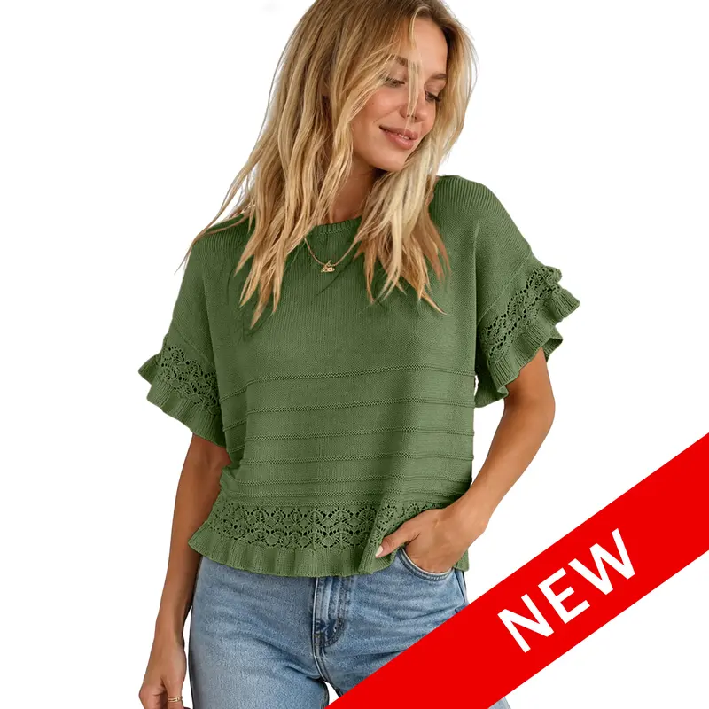 Women's Short-Sleeve Crew-Neck Ruffled Crochet Knit Pullover