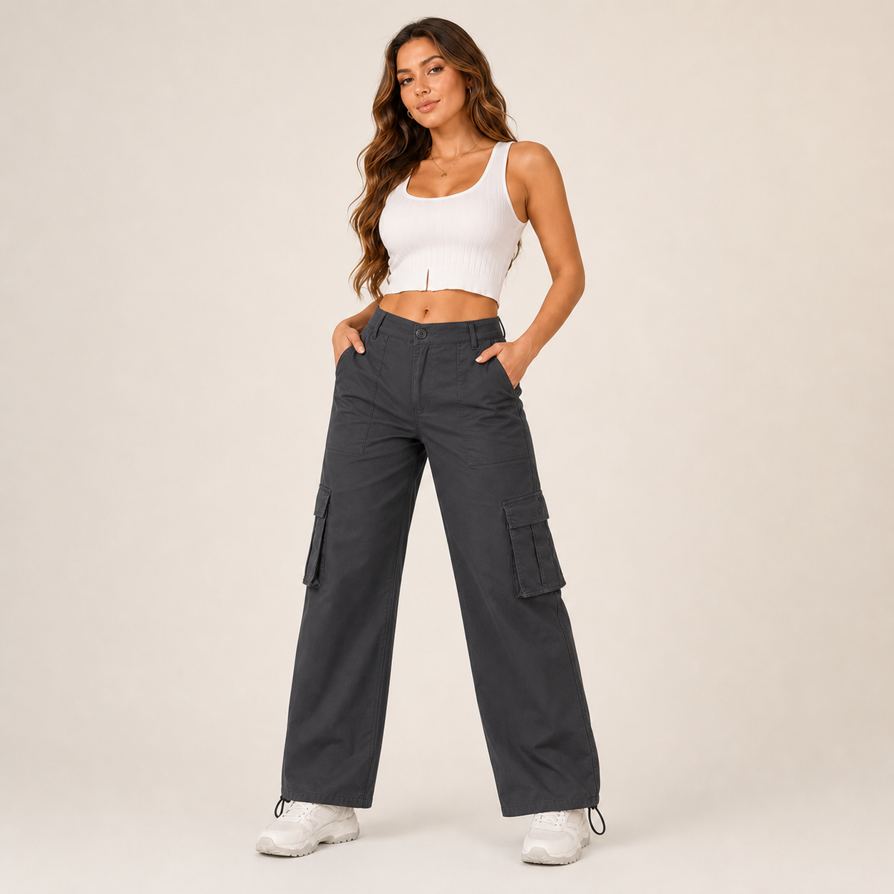Adjustable Hem Wide Leg Cargo Pants