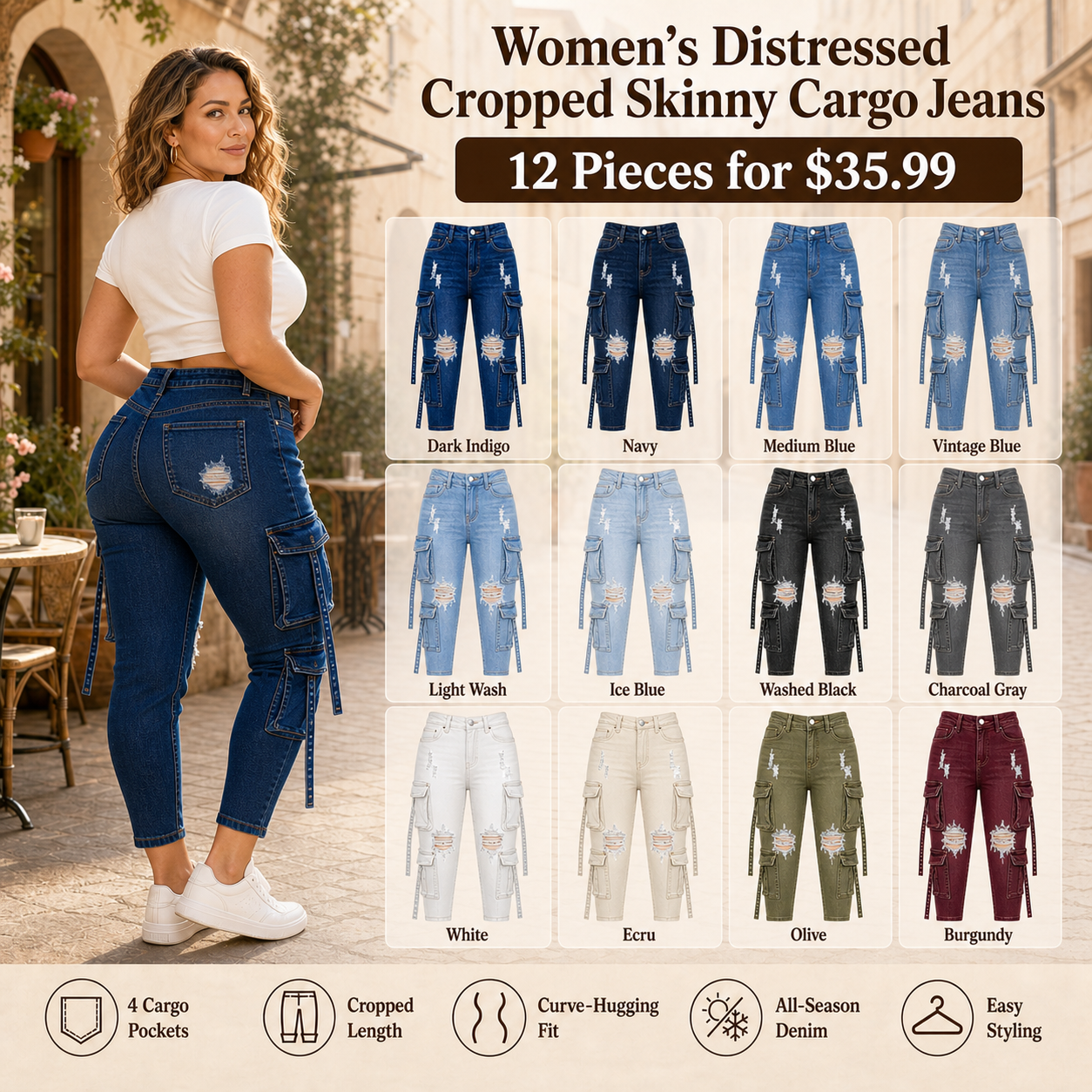 Women Cropped Slim Cargo Jeans